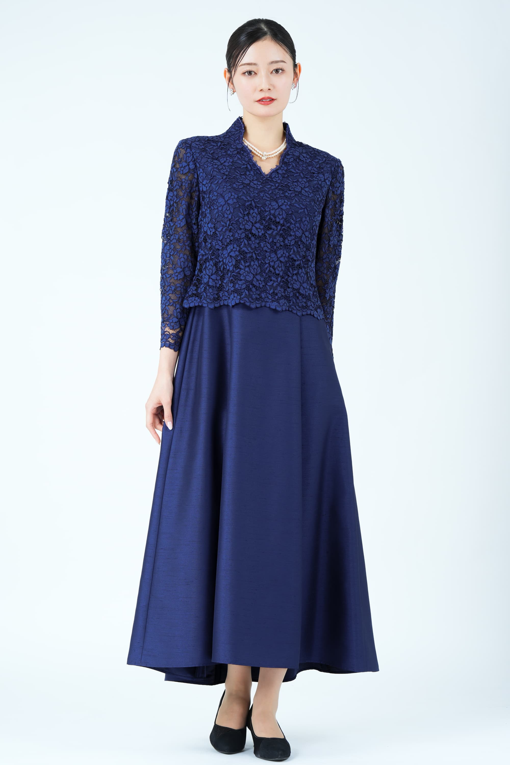 フラワーレース切り替えシャンタンネイビードレス