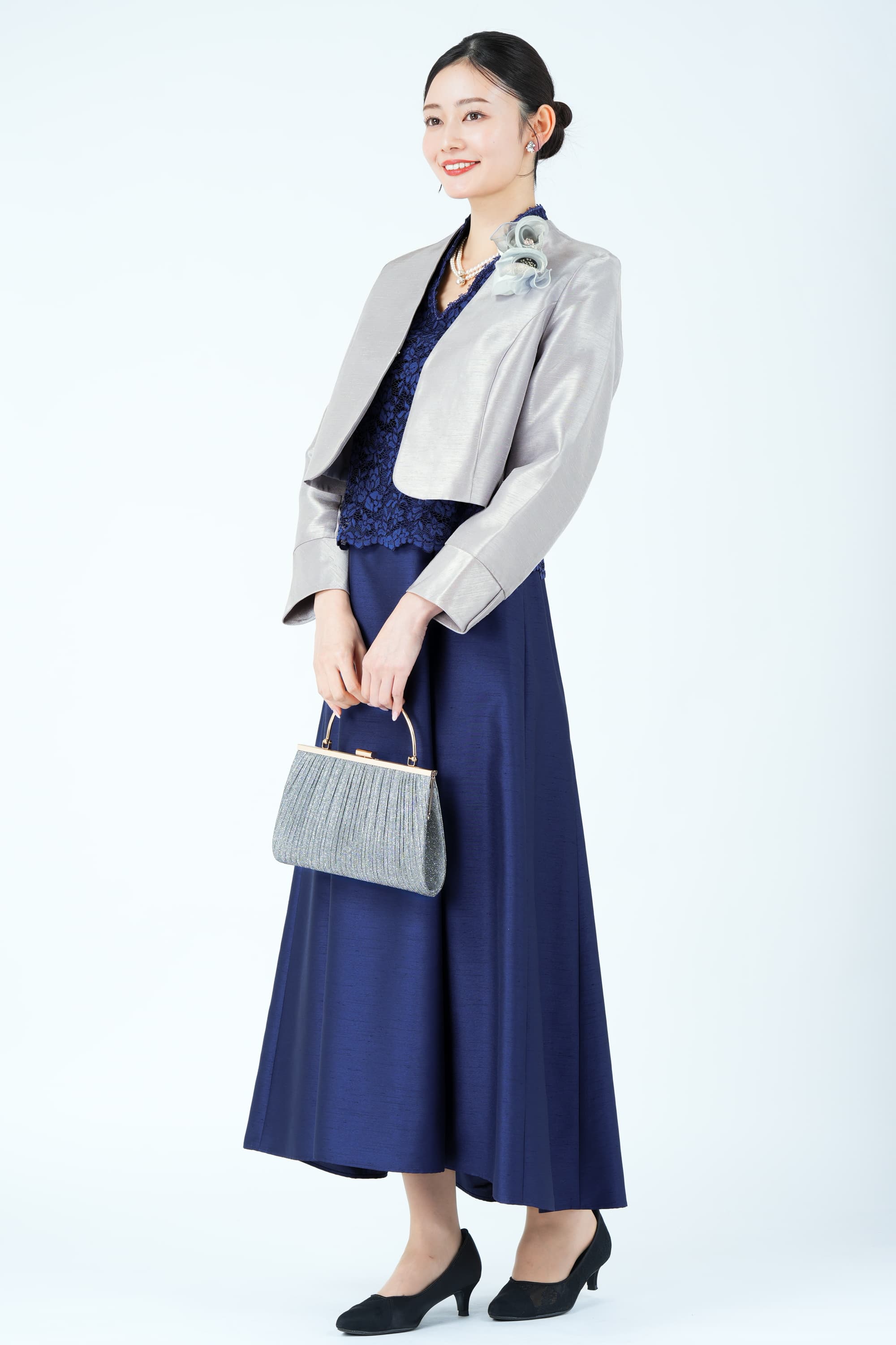 フラワーレース切り替えシャンタンネイビードレス