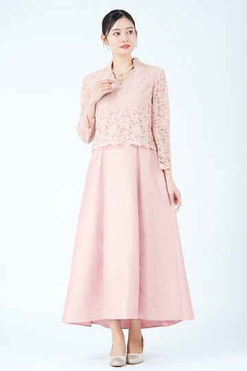 フラワーレース切り替えシャンタンピンクドレス