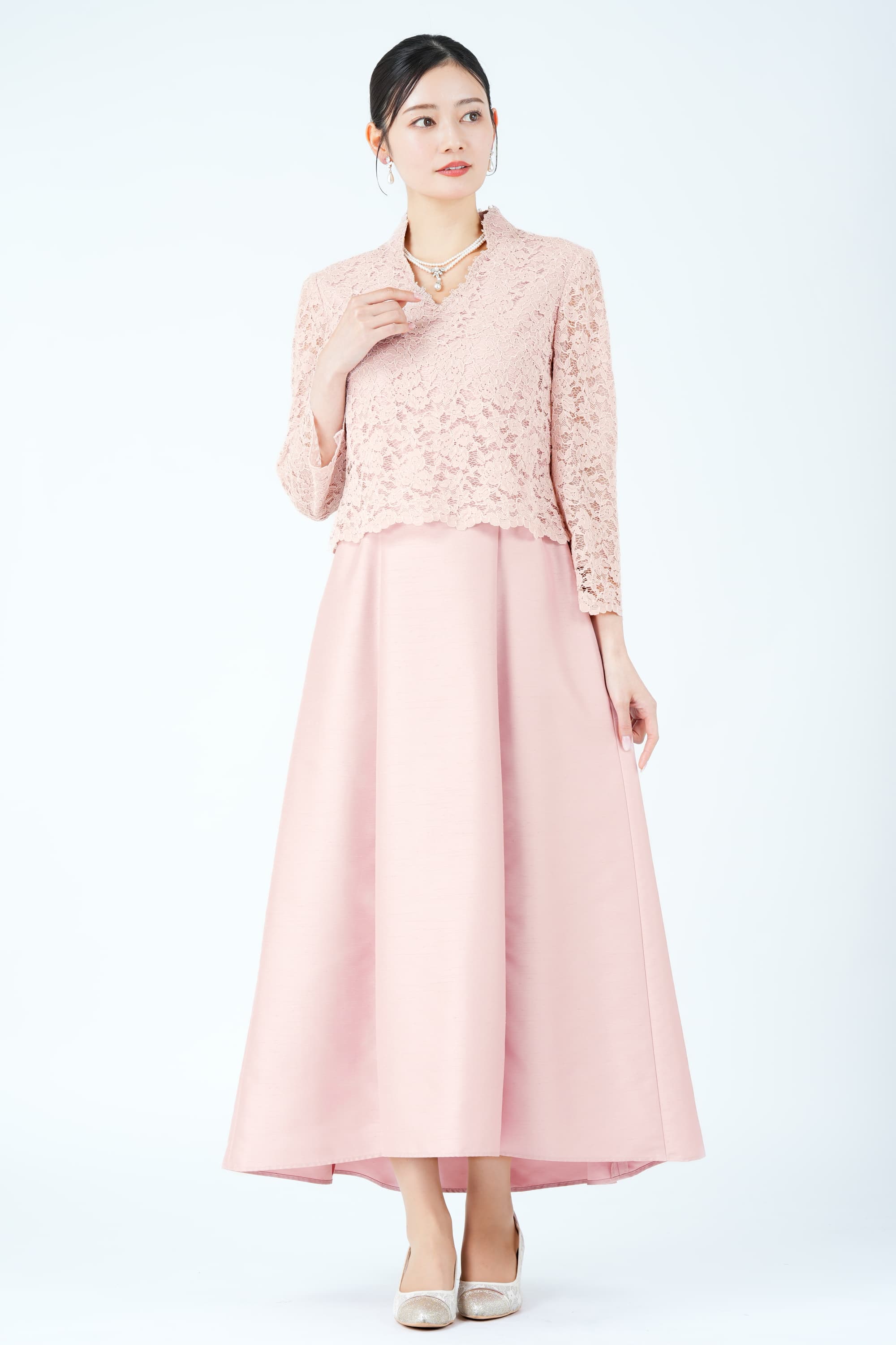 フラワーレース切り替えシャンタンピンクドレス