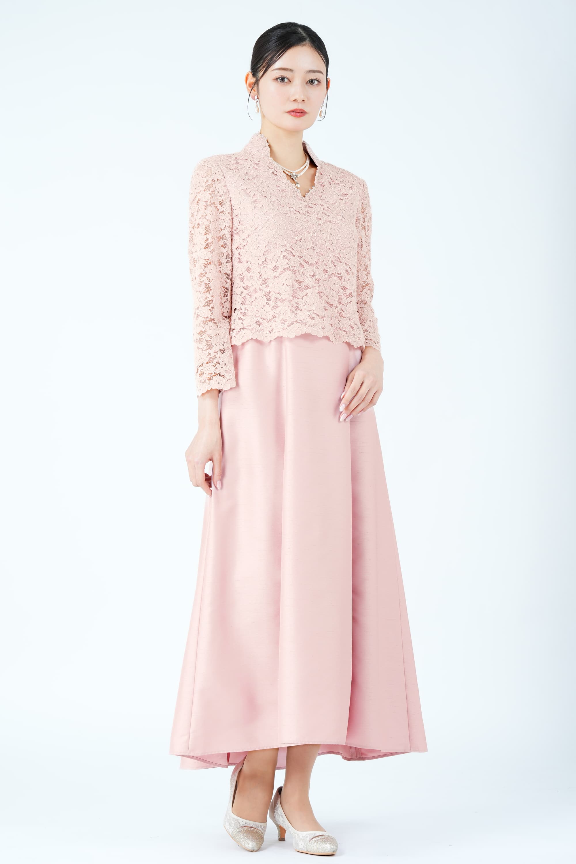 フラワーレース切り替えシャンタンピンクドレス