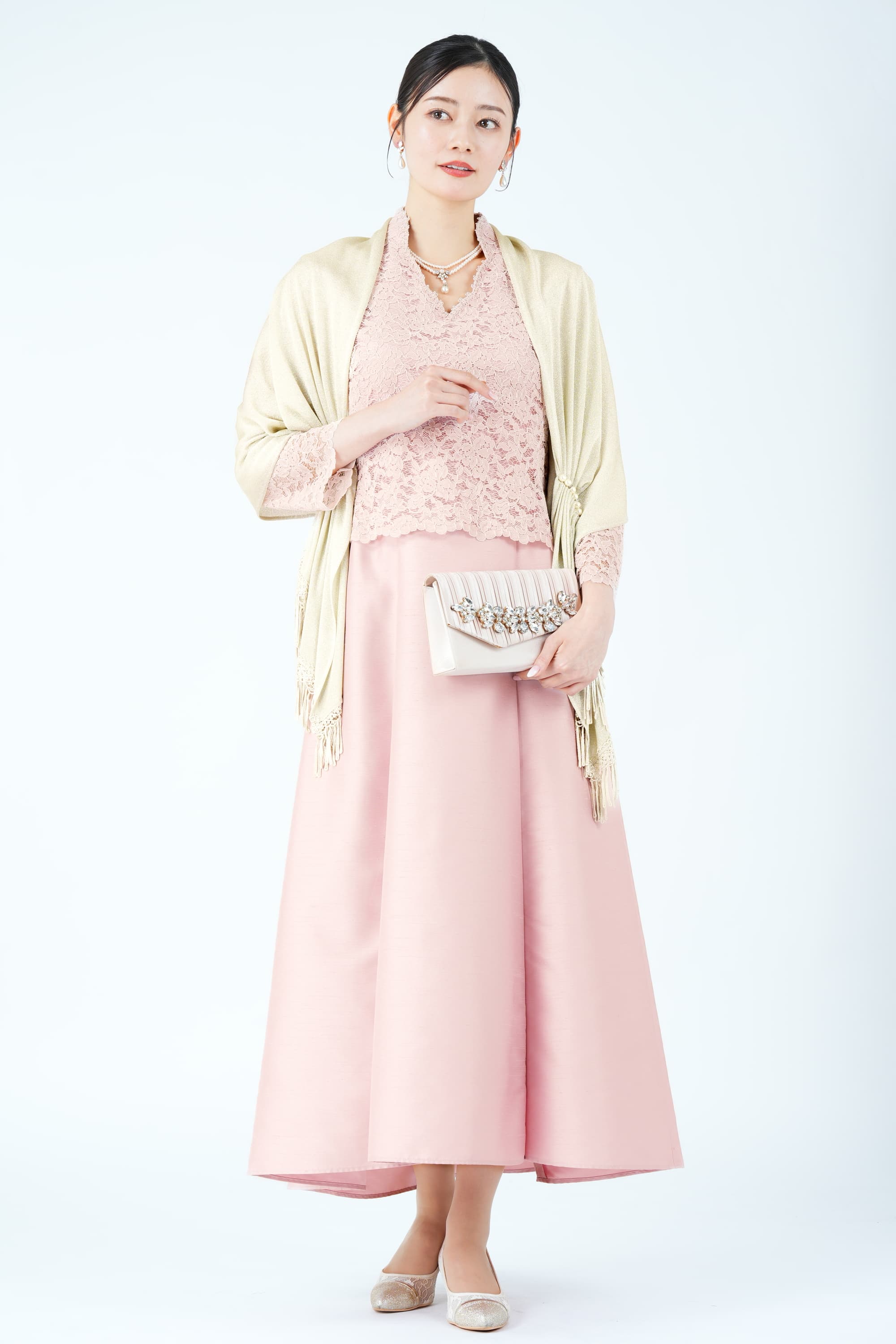 フラワーレース切り替えシャンタンピンクドレス