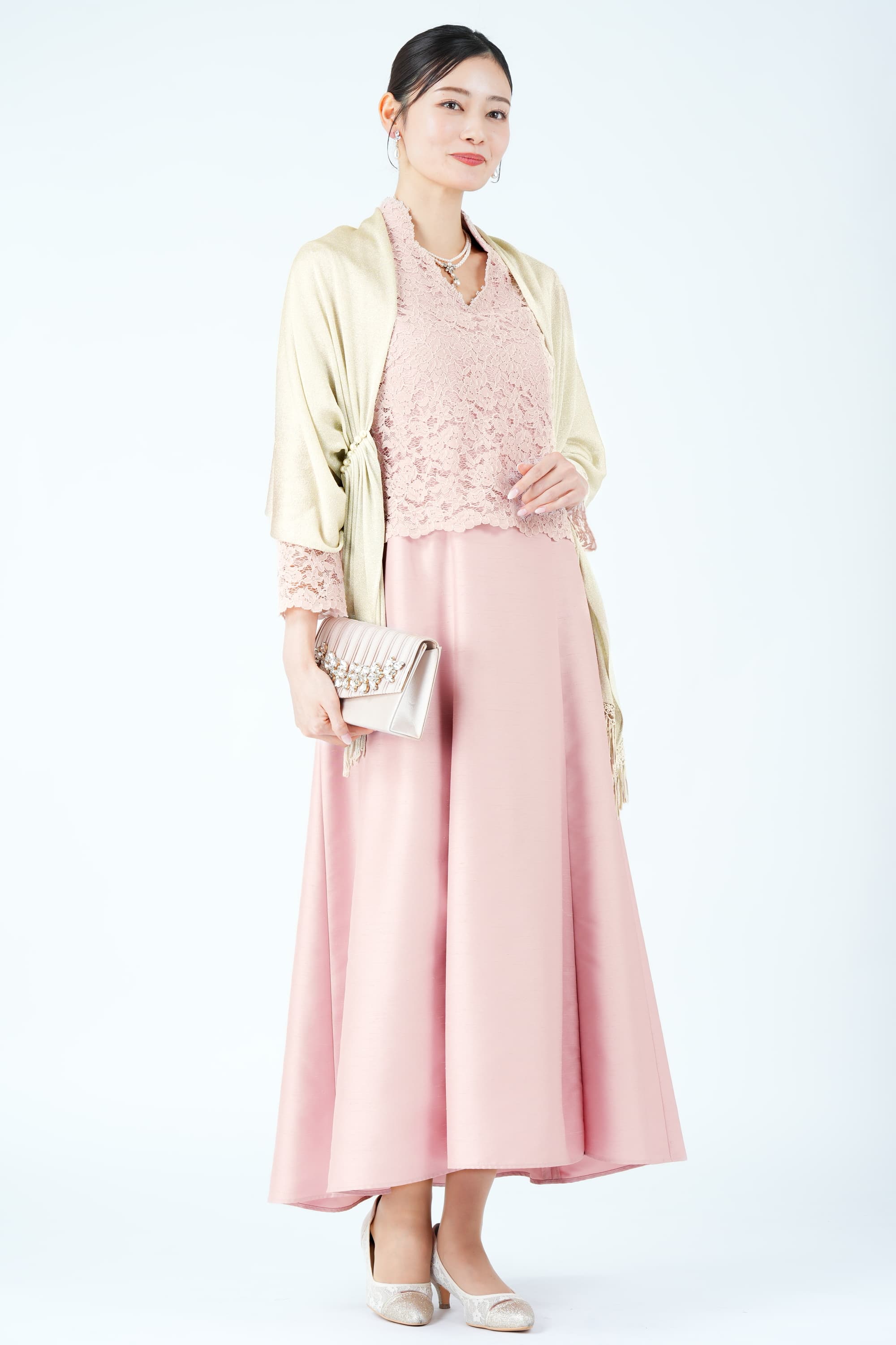 フラワーレース切り替えシャンタンピンクドレス