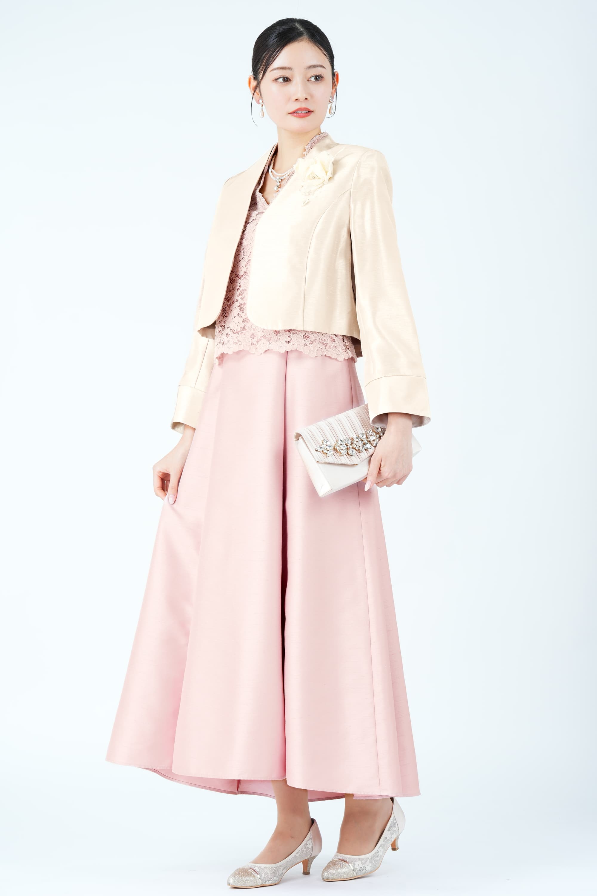 フラワーレース切り替えシャンタンピンクドレス