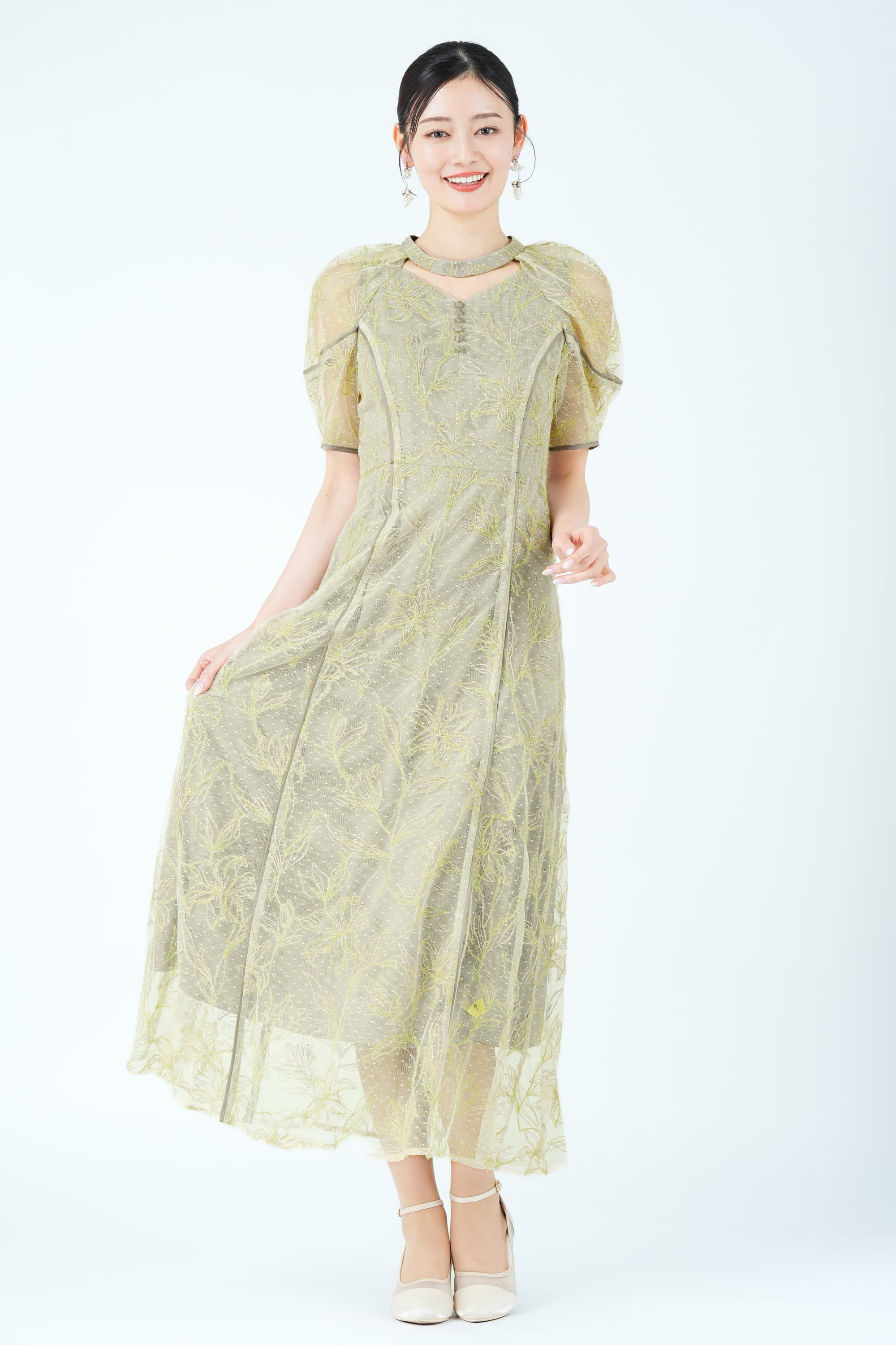 ラメフラワー&times;ドット刺繍オリーブドレス