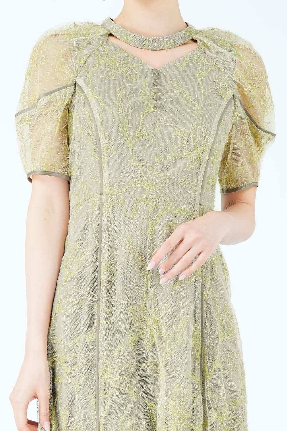 ラメフラワー&times;ドット刺繍オリーブドレス