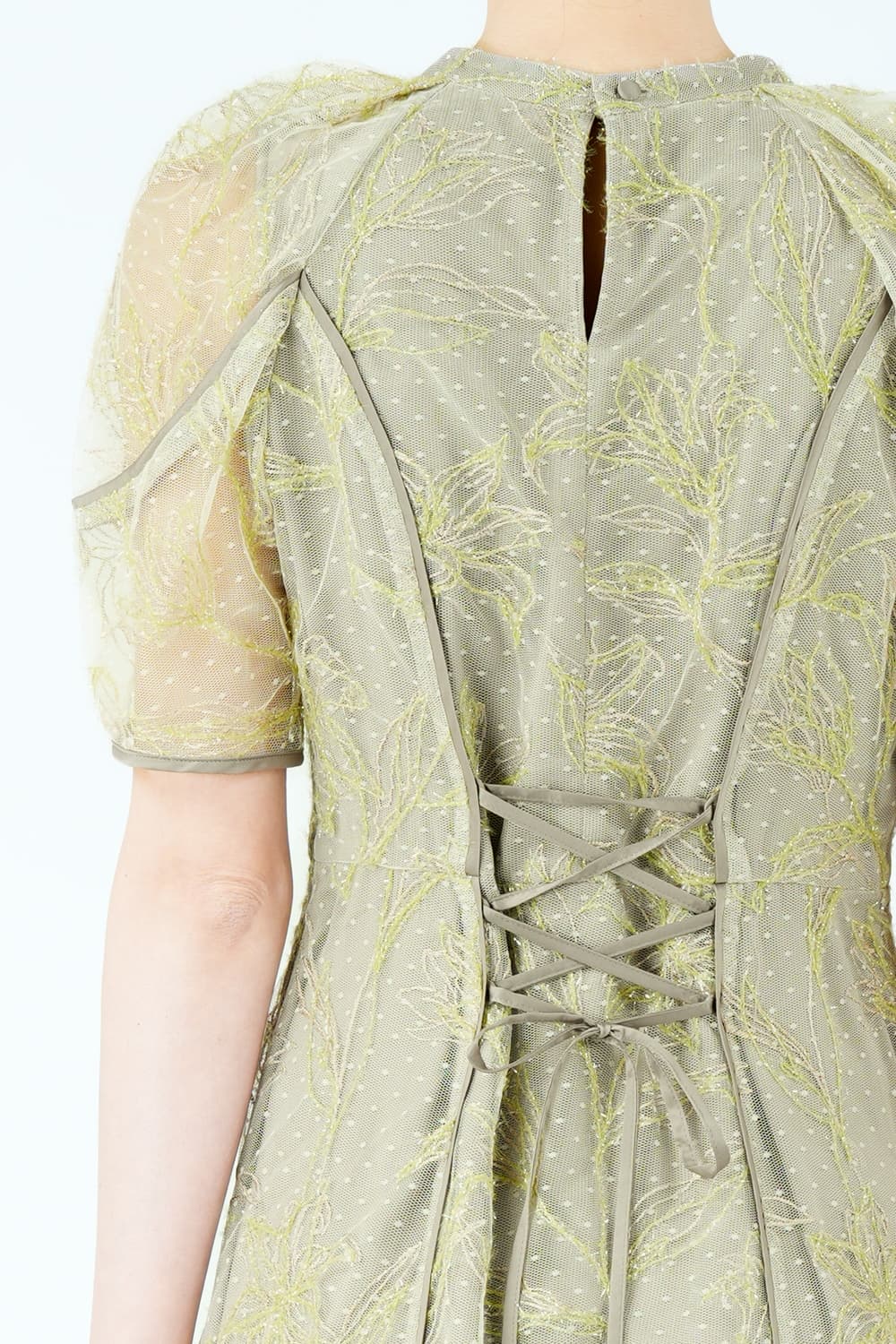 ラメフラワー&times;ドット刺繍オリーブドレス