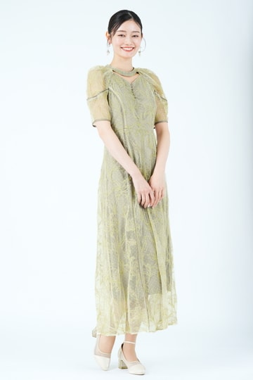 ラメフラワー&times;ドット刺繍オリーブドレス