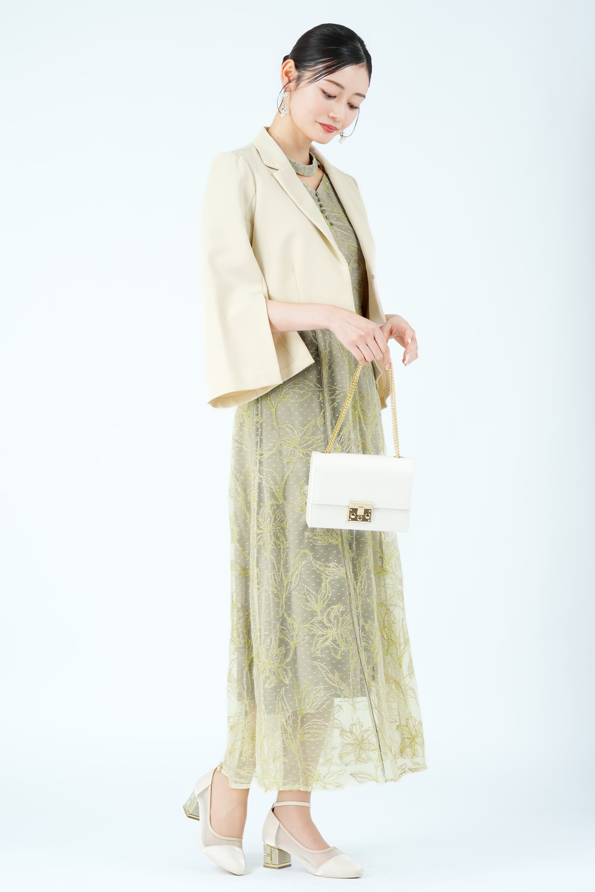 ラメフラワー&times;ドット刺繍オリーブドレス