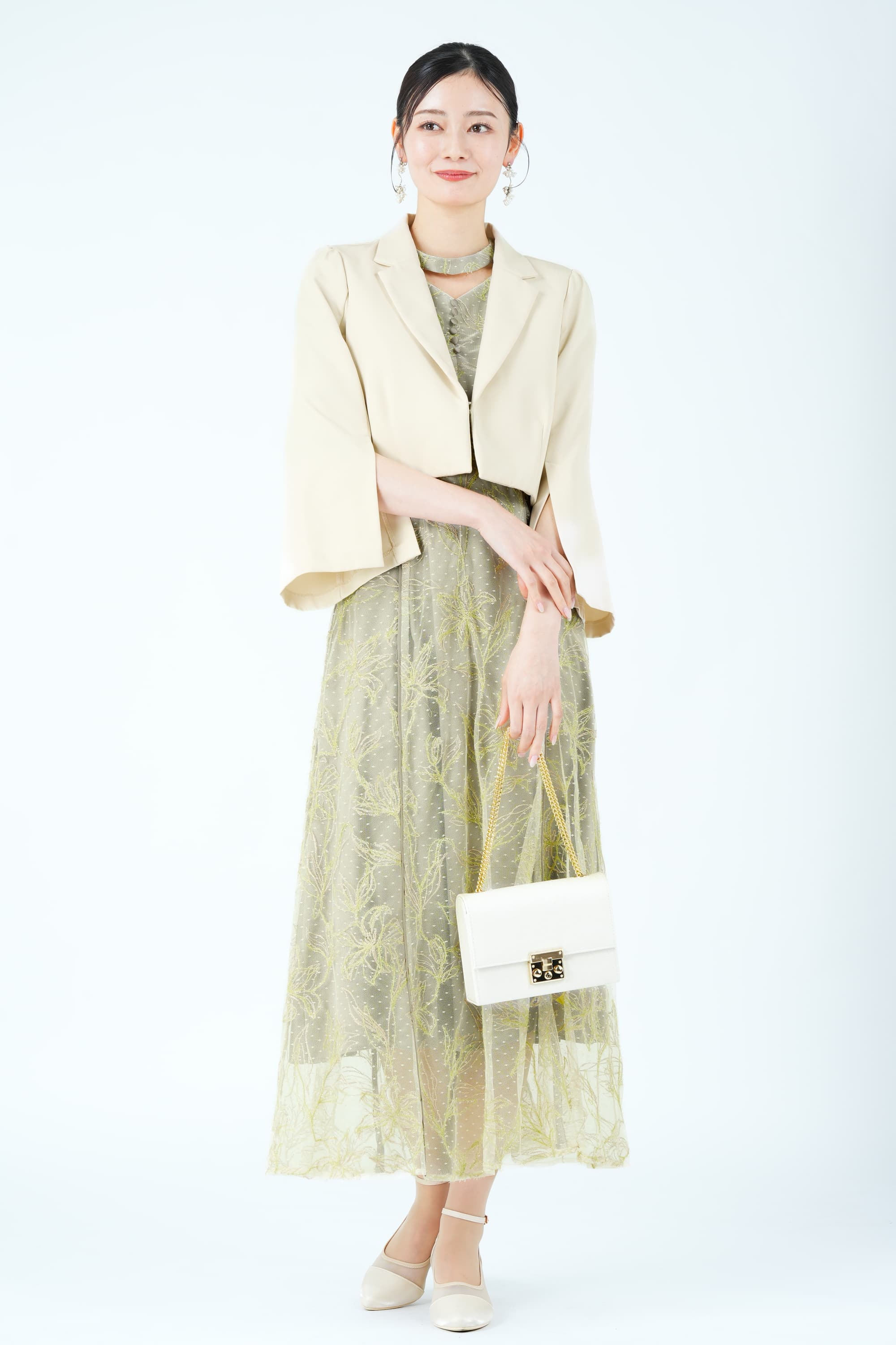 ラメフラワー&times;ドット刺繍オリーブドレス