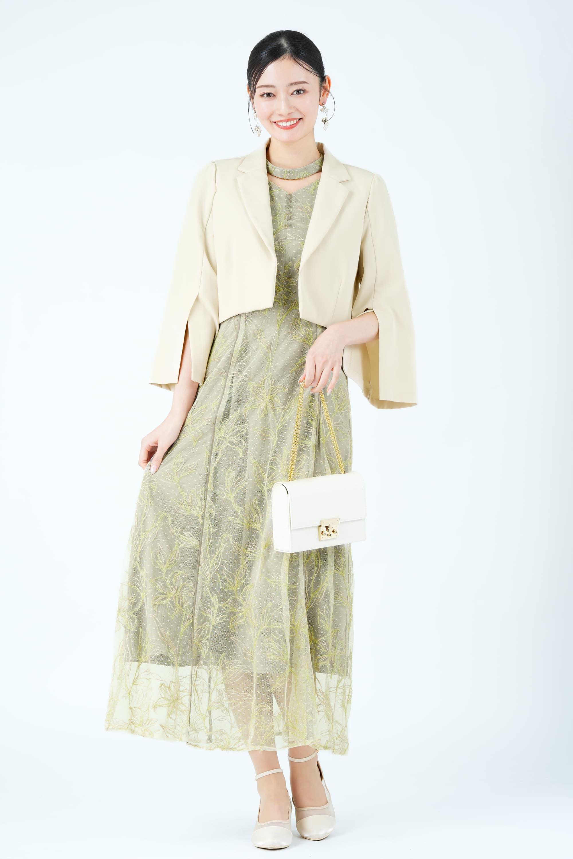 ラメフラワー&times;ドット刺繍オリーブドレス