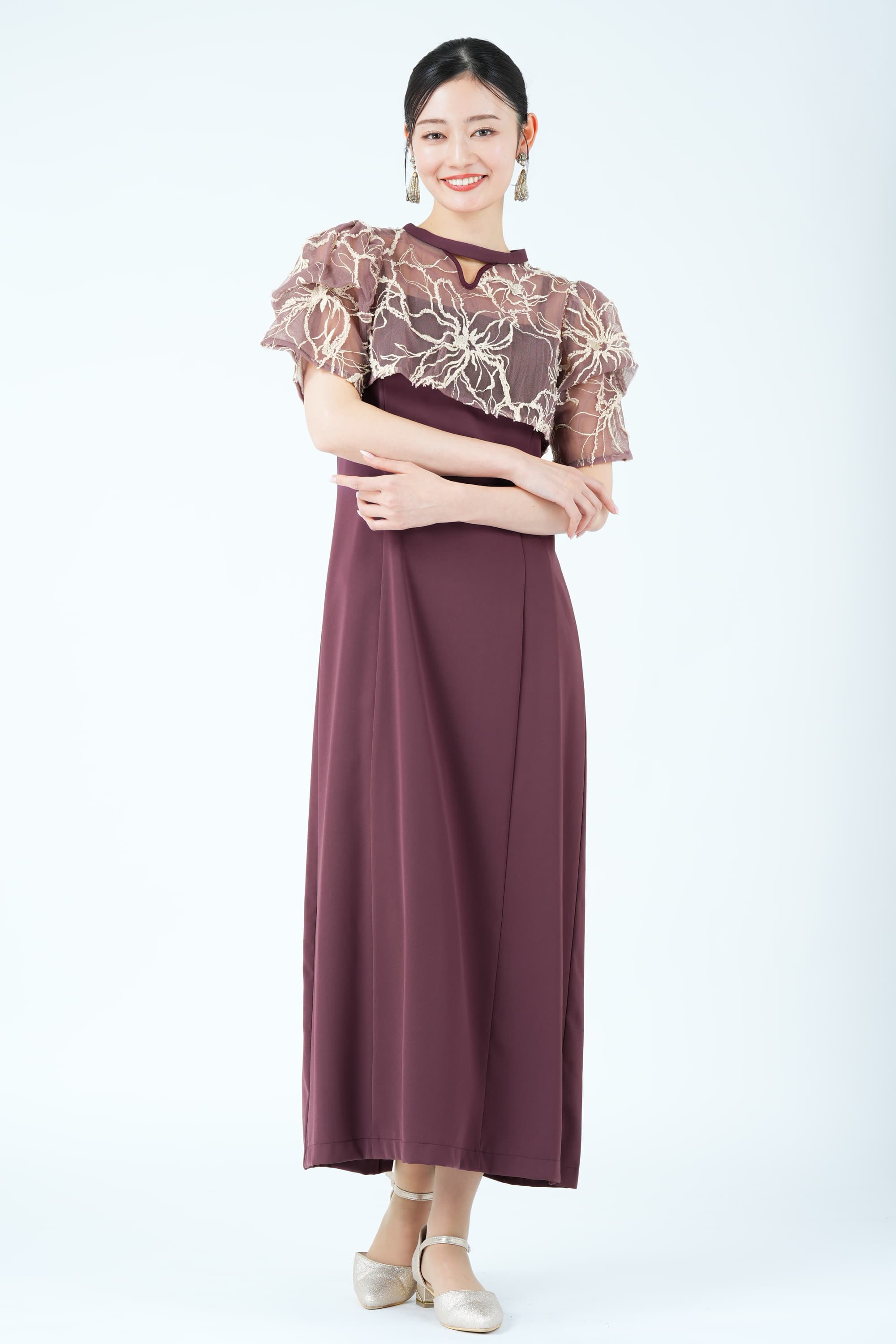 フラワーモール刺繍ボレロ&times;ボルドードレス