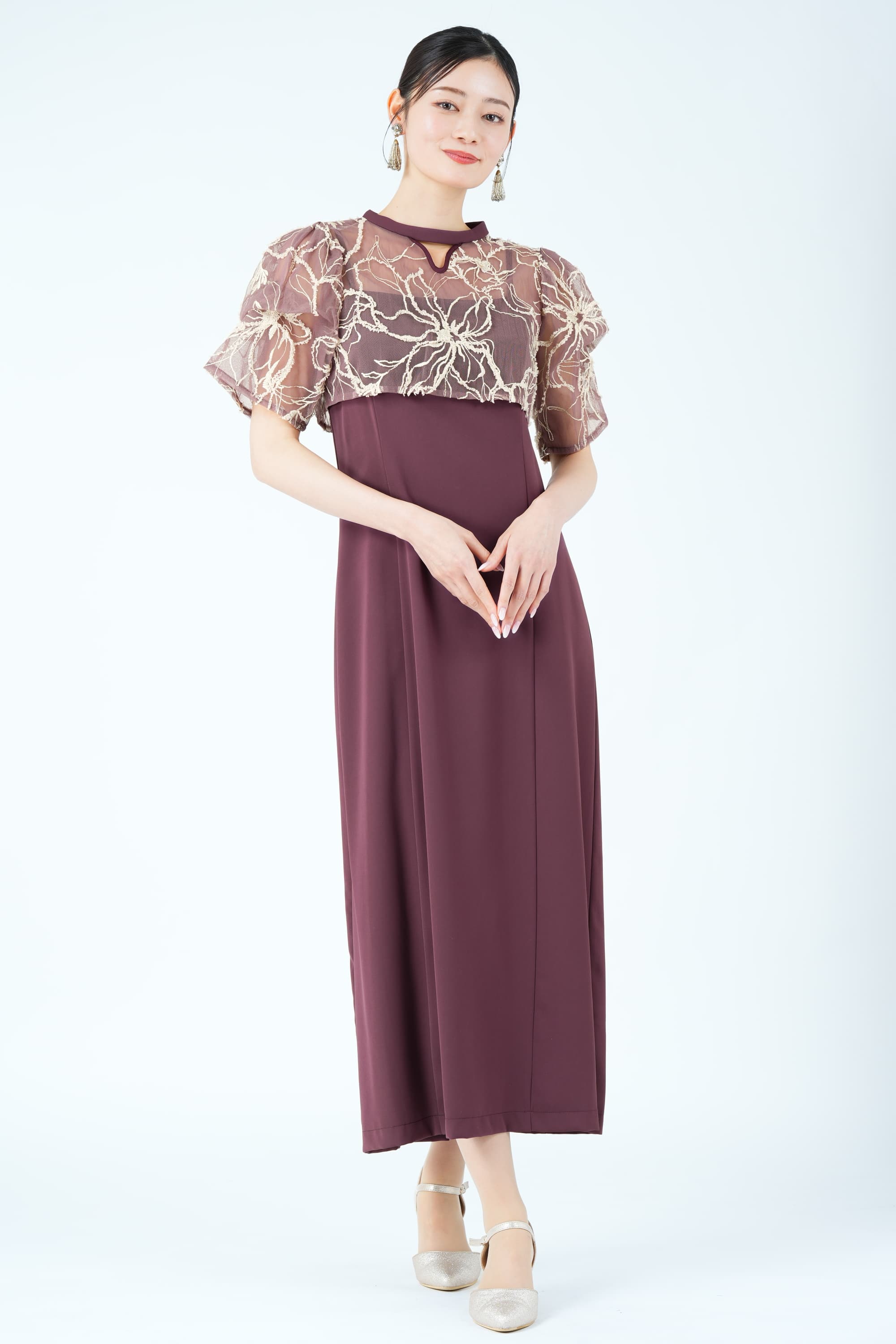 フラワーモール刺繍ボレロ&times;ボルドードレス