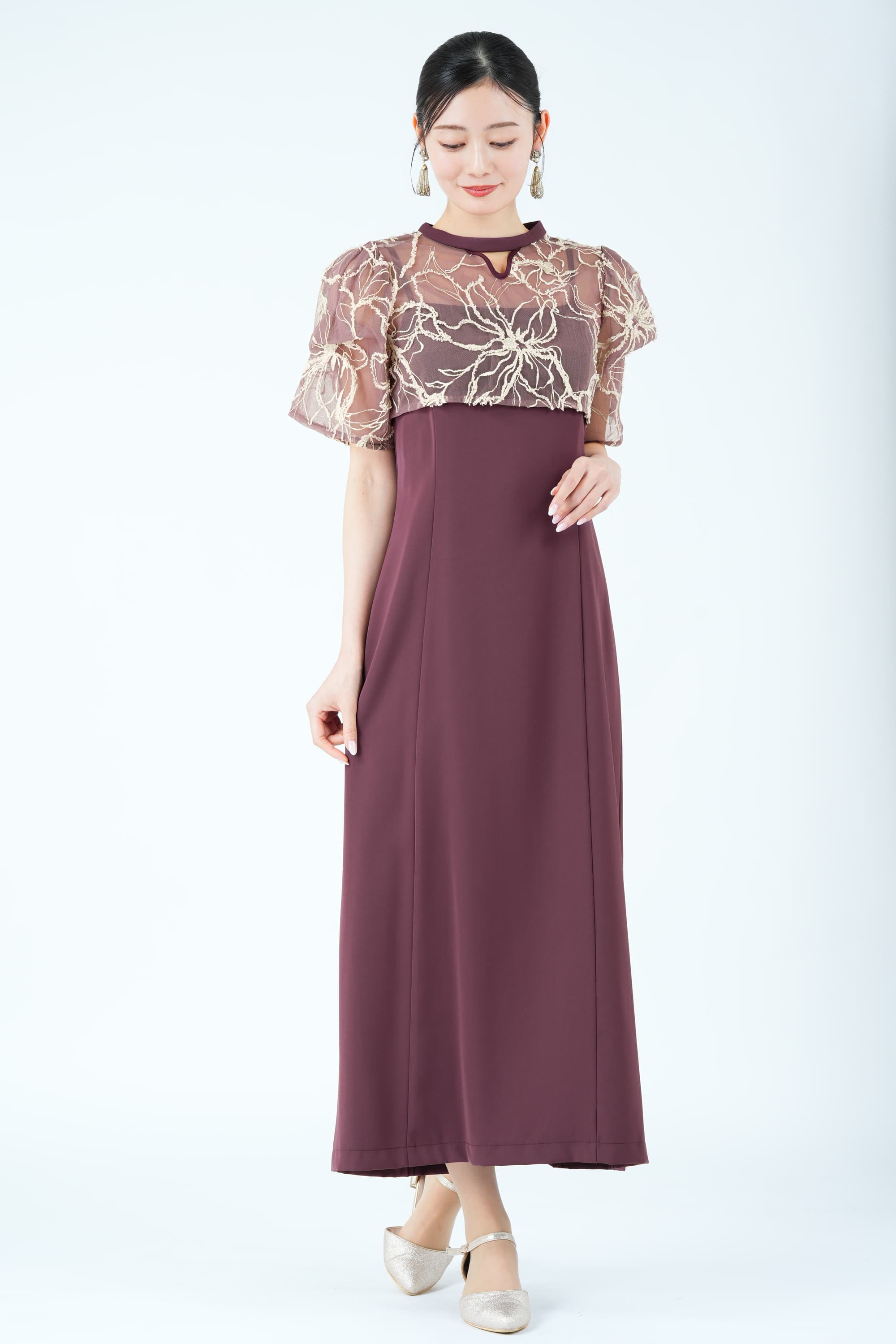 フラワーモール刺繍ボレロ&times;ボルドードレス