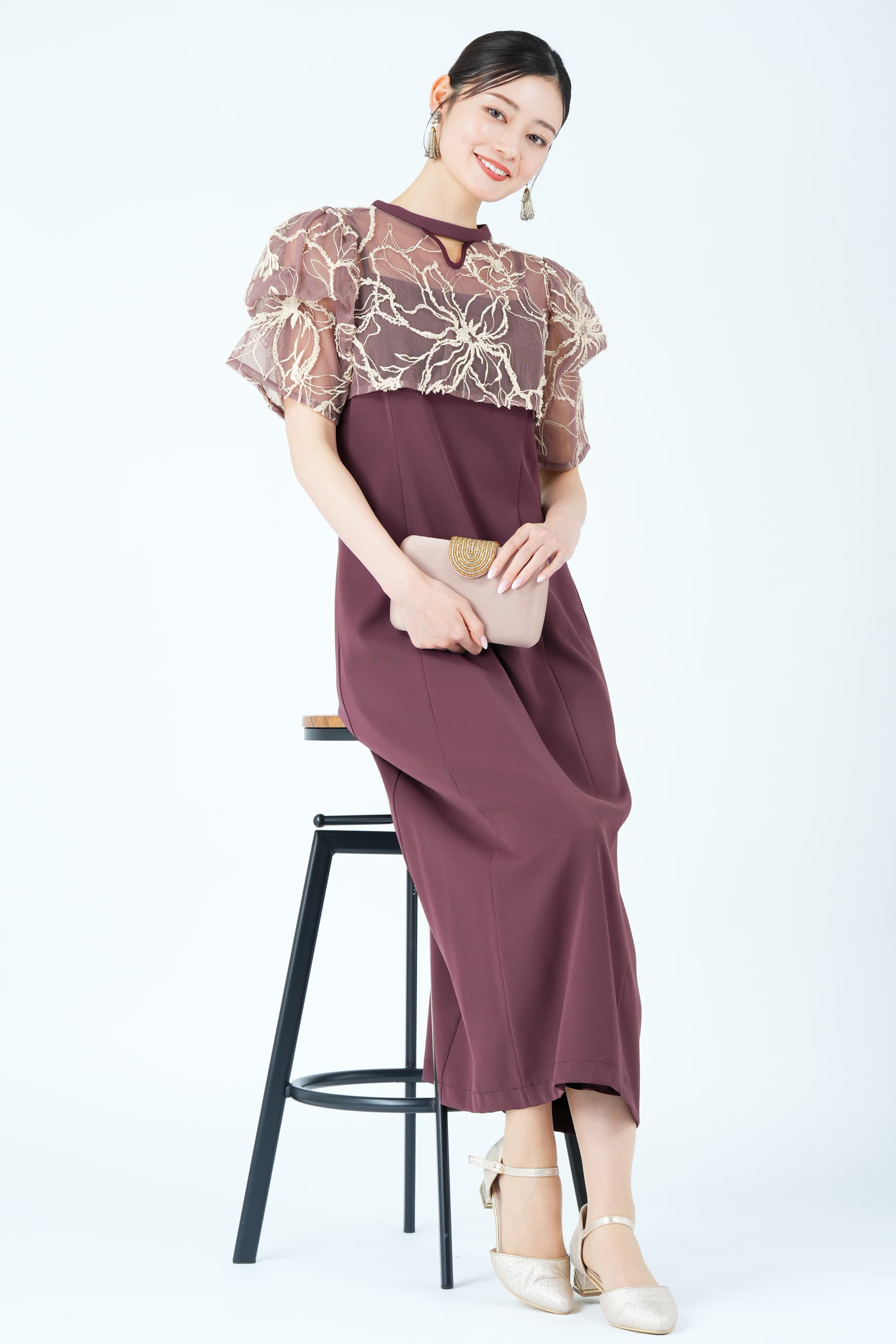 フラワーモール刺繍ボレロ&times;ボルドードレス