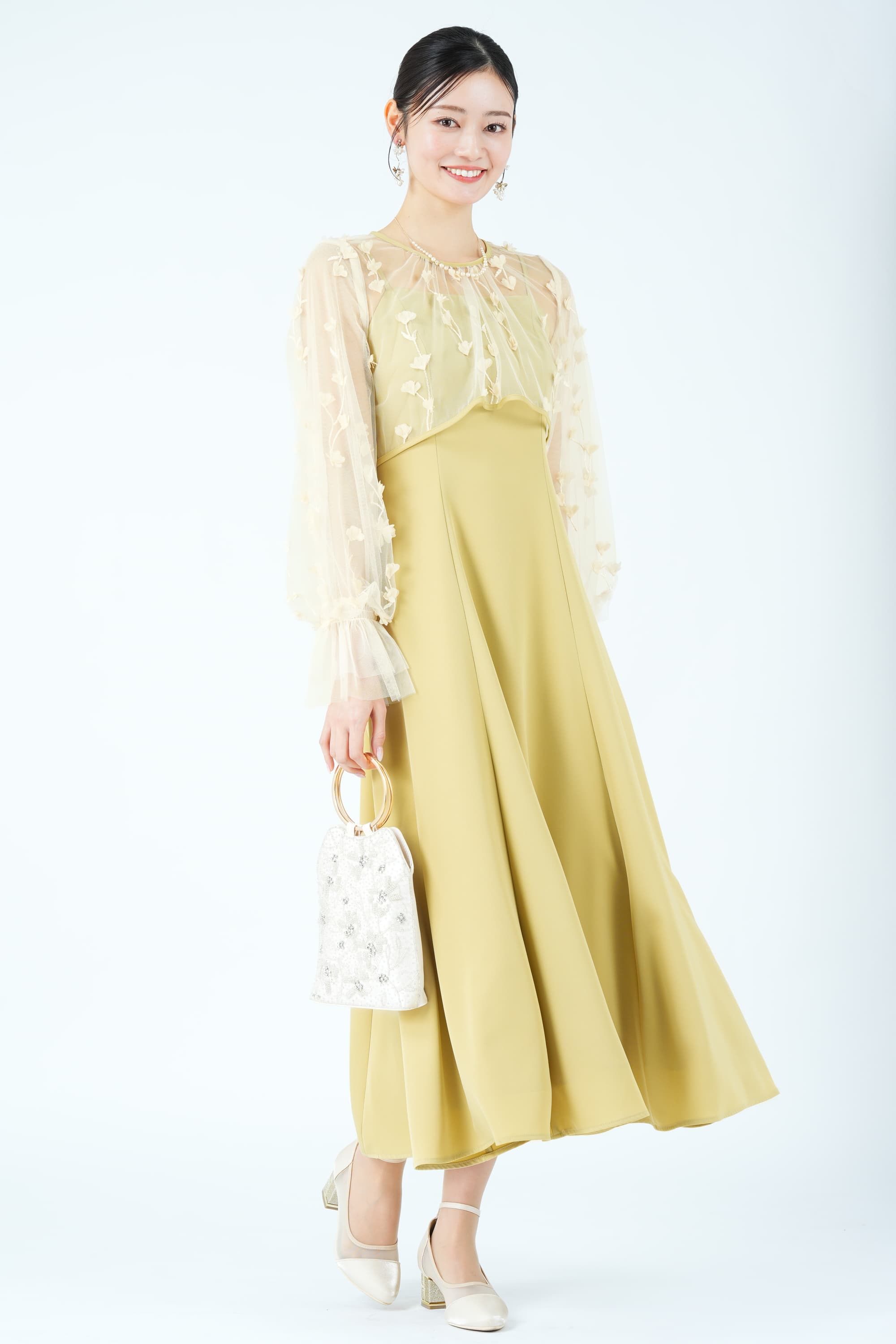 立体フラワー刺繍レイヤードイエロードレス