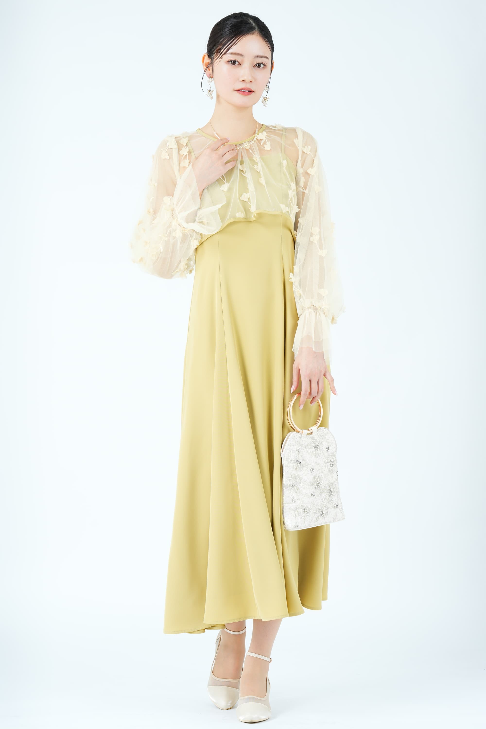 立体フラワー刺繍レイヤードイエロードレス