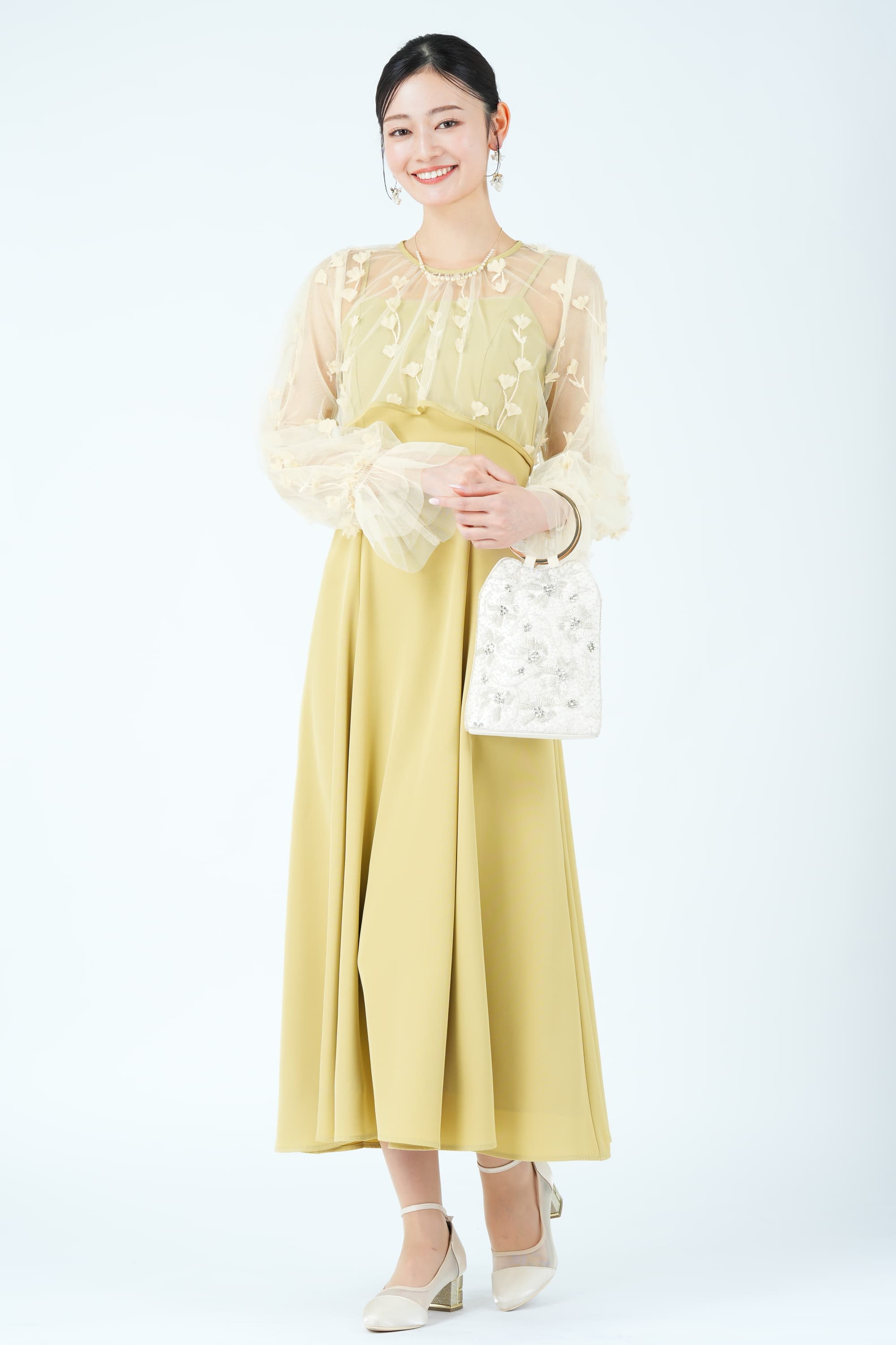 立体フラワー刺繍レイヤードイエロードレス