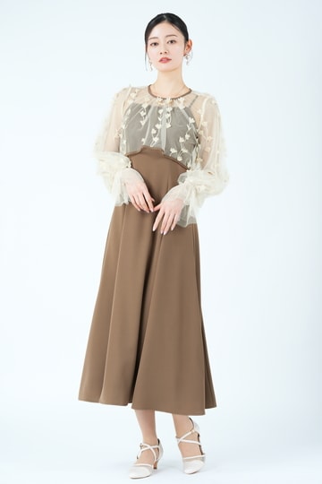 立体フラワー刺繍レイヤードブラウンドレス