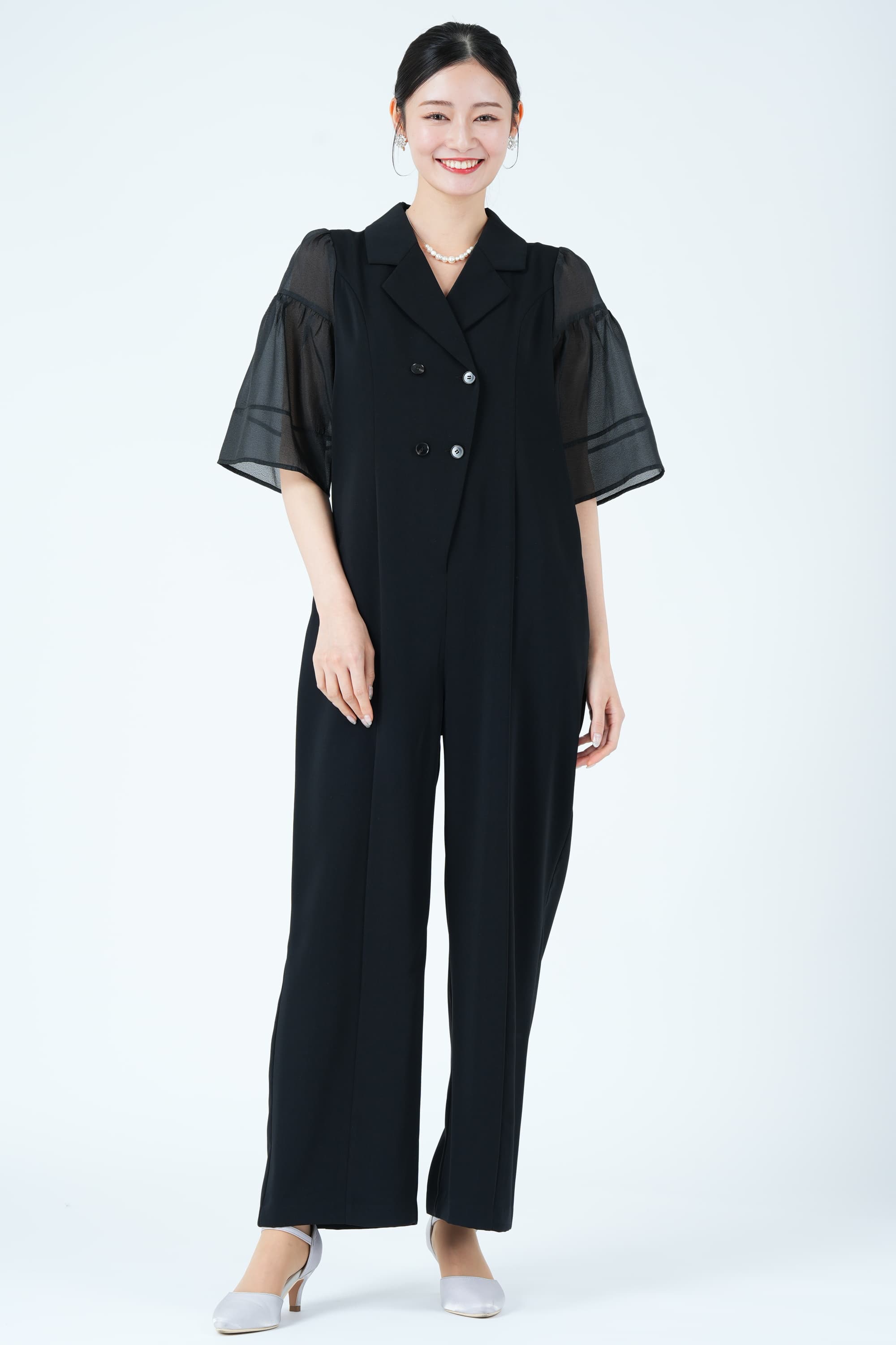 LE'RURE ジャケットライクシアー袖ブラックパンツドレス (M) を