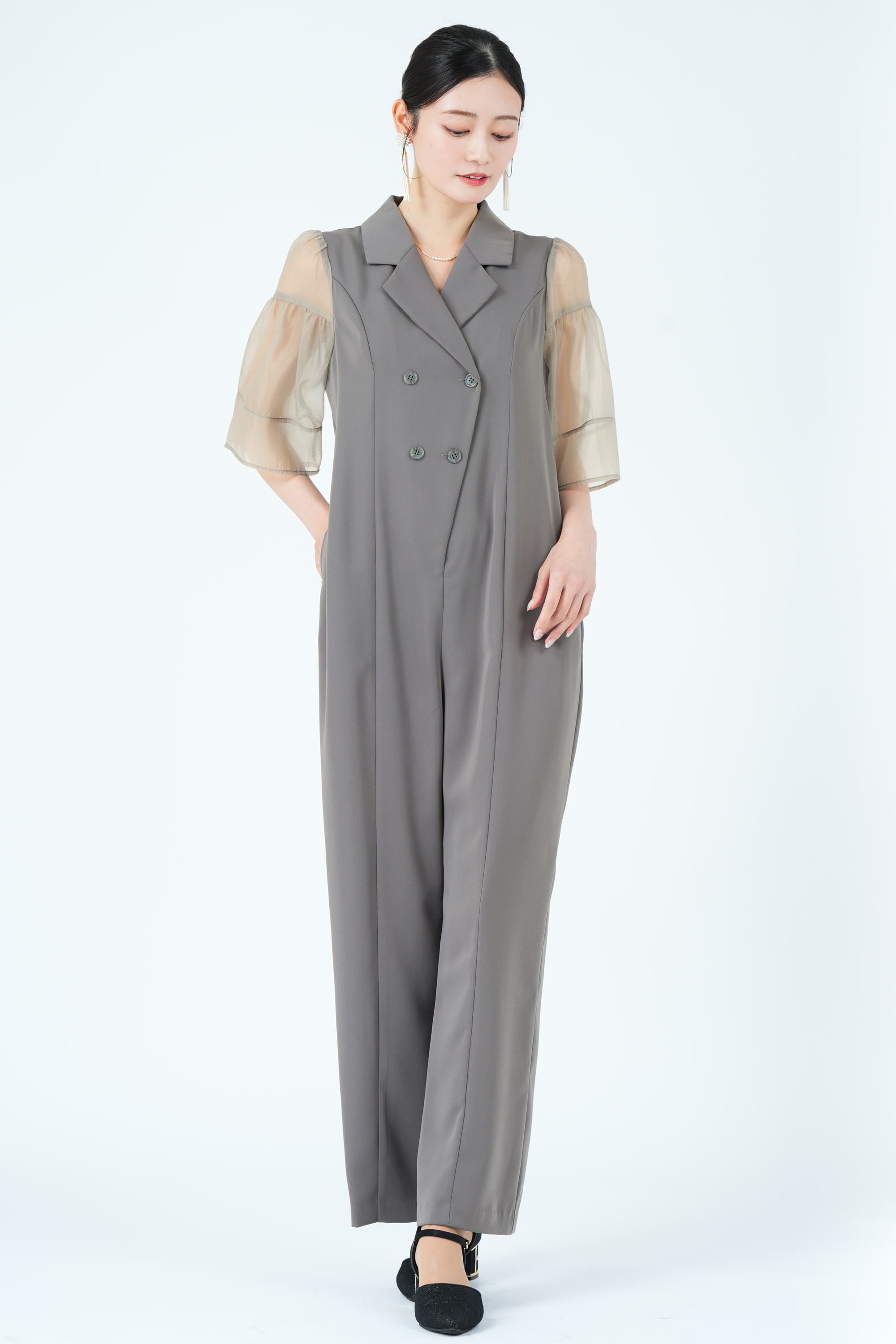 ジャケットライクシアー袖グレーパンツドレス