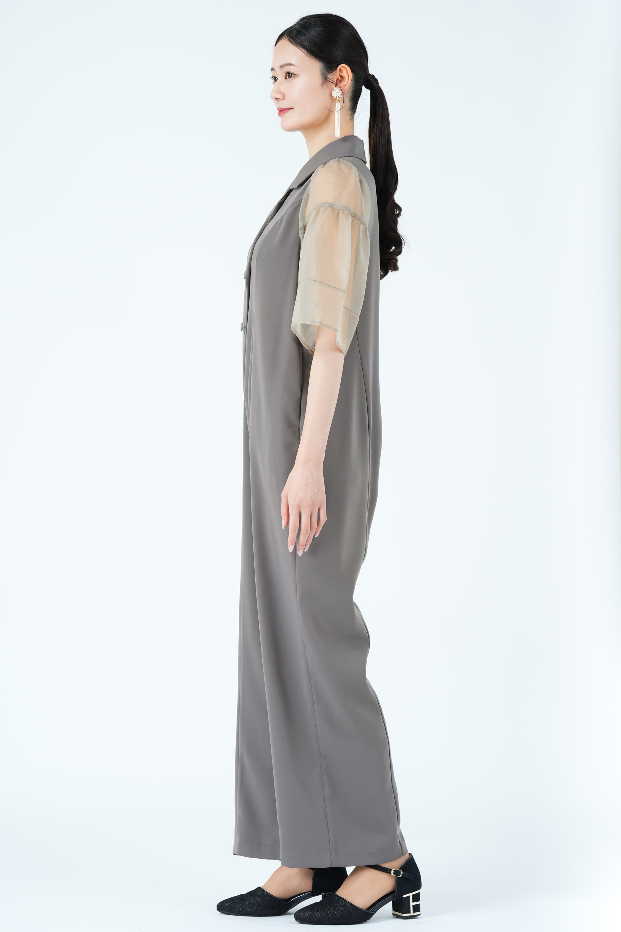 ジャケットライクシアー袖グレーパンツドレス
