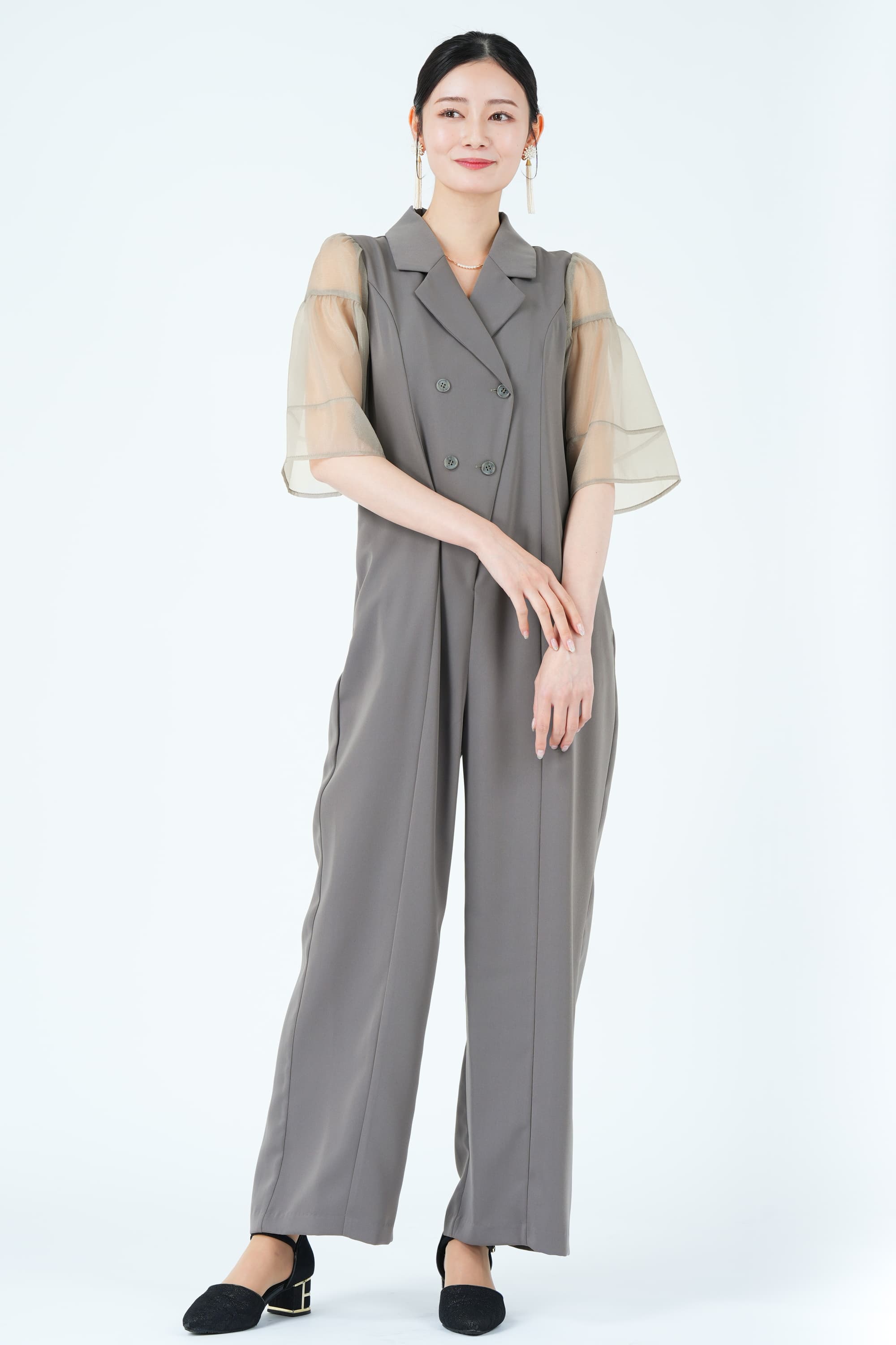 ジャケットライクシアー袖グレーパンツドレス