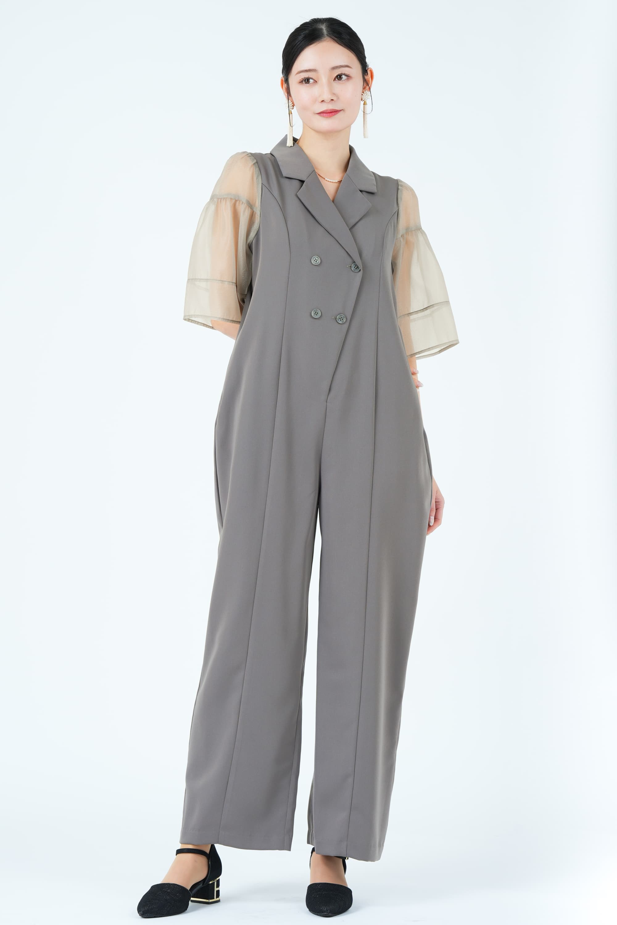 ジャケットライクシアー袖グレーパンツドレス