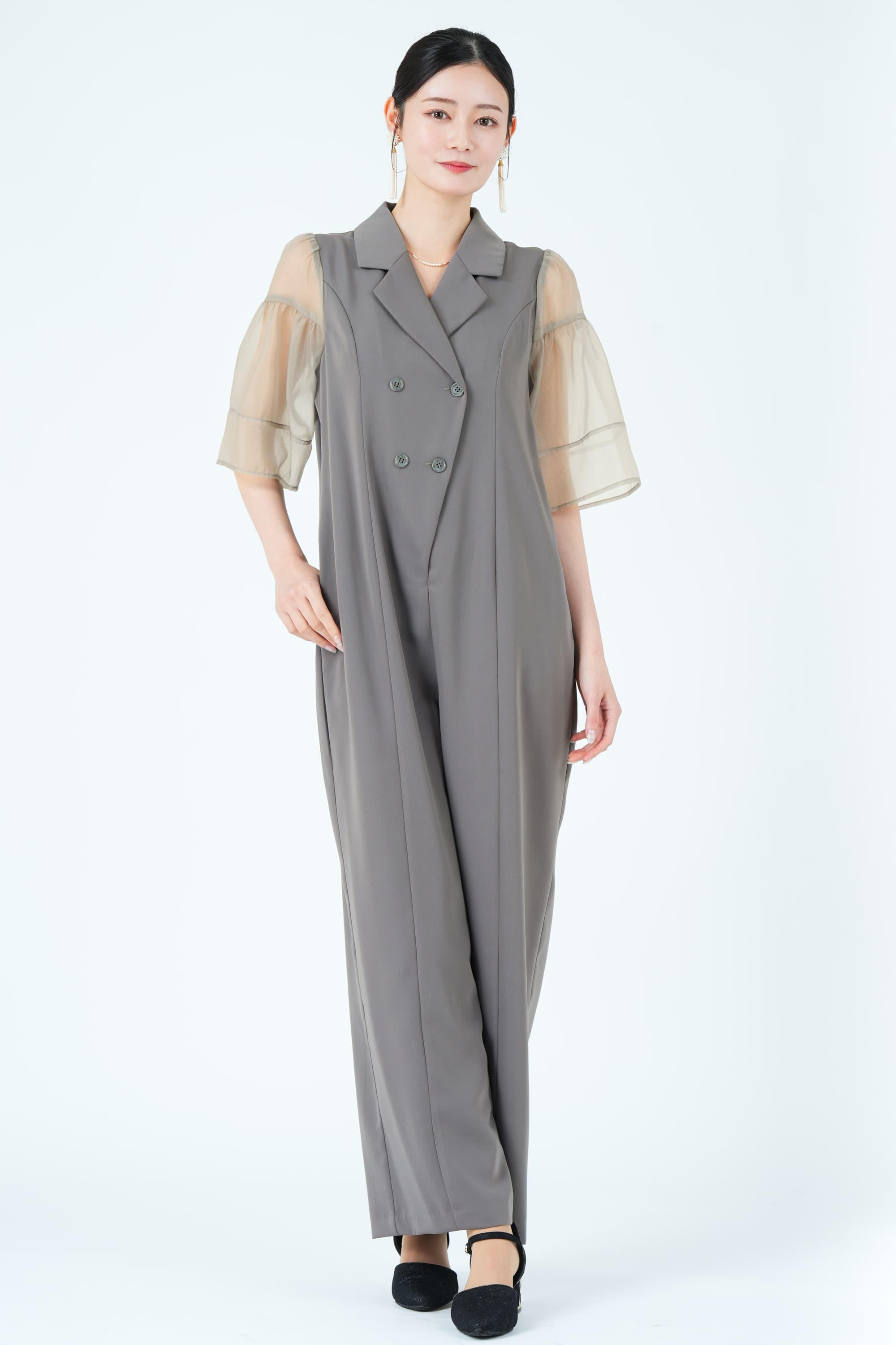 ジャケットライクシアー袖グレーパンツドレス
