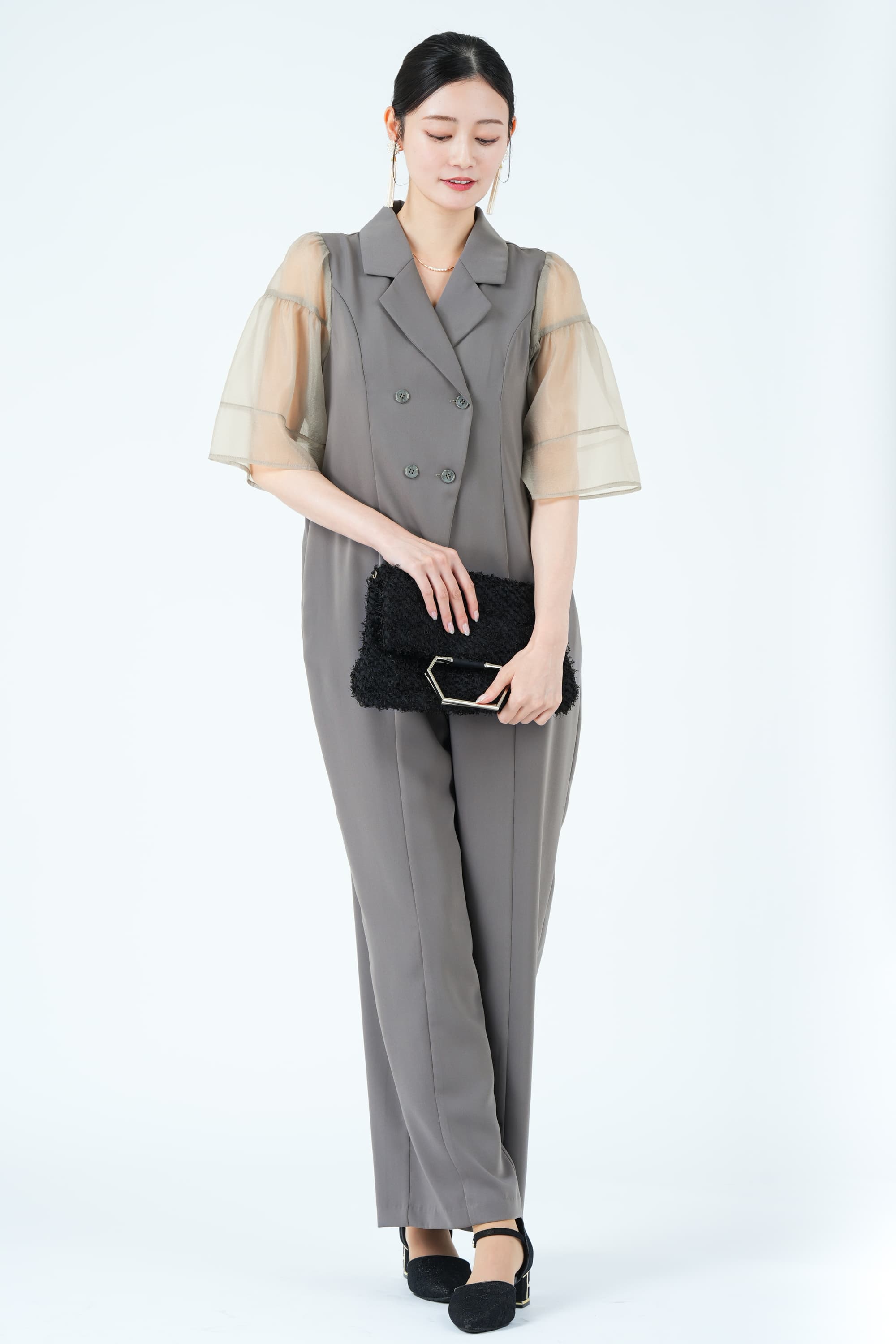 ジャケットライクシアー袖グレーパンツドレス
