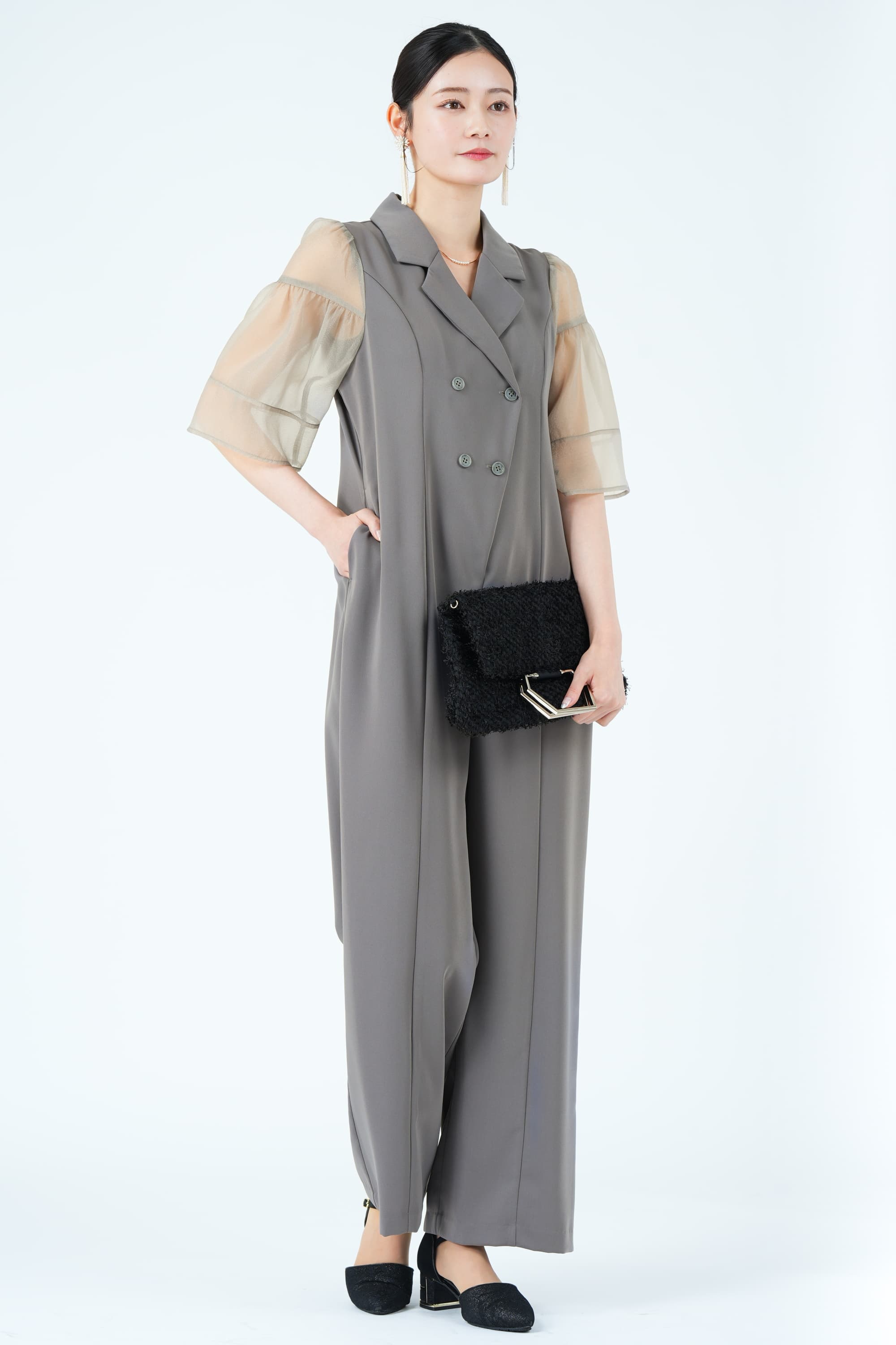 ジャケットライクシアー袖グレーパンツドレス