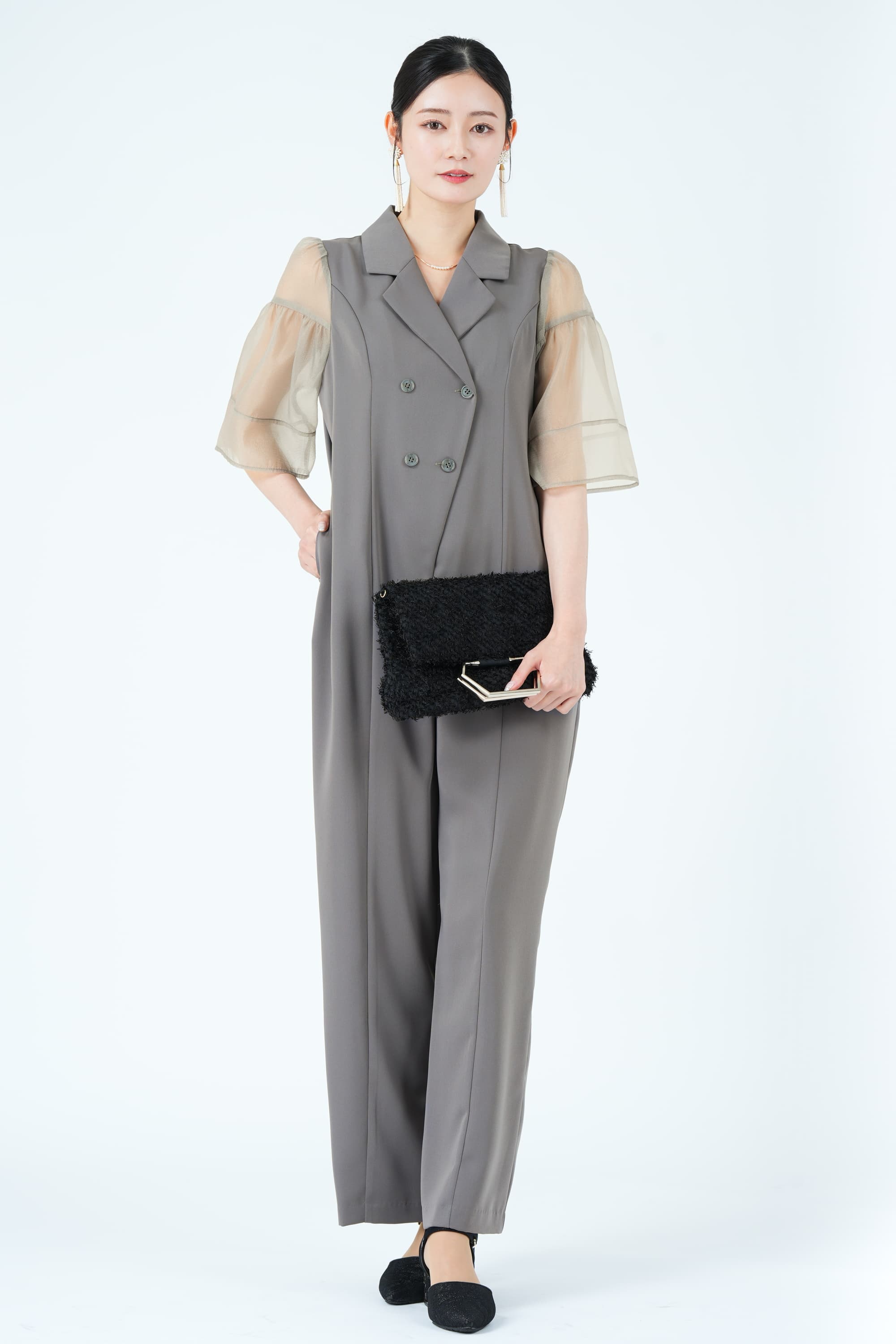 ジャケットライクシアー袖グレーパンツドレス