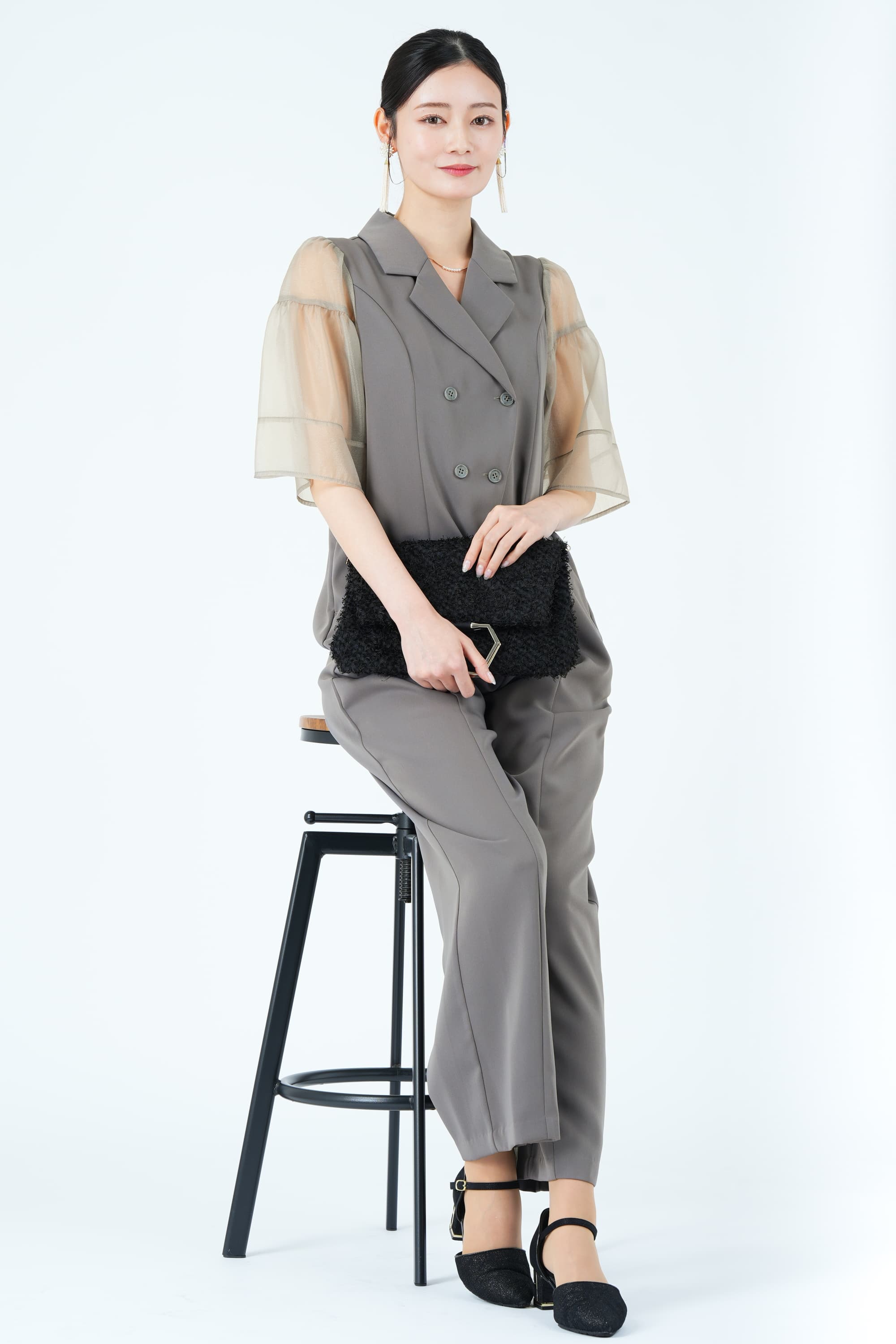 ジャケットライクシアー袖グレーパンツドレス