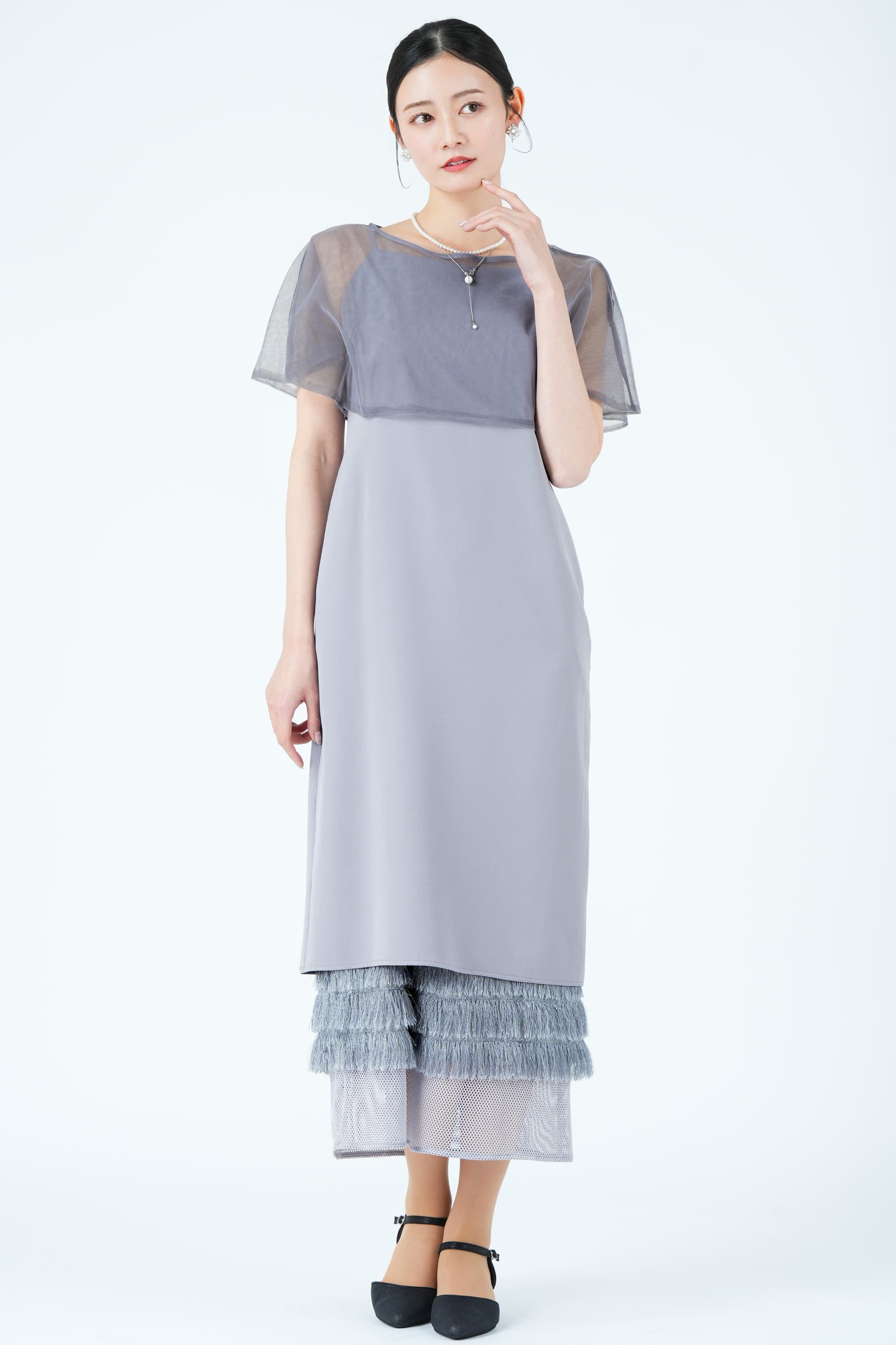 メッシュレース&times;シャギーレイヤード裾ブルーグレードレス