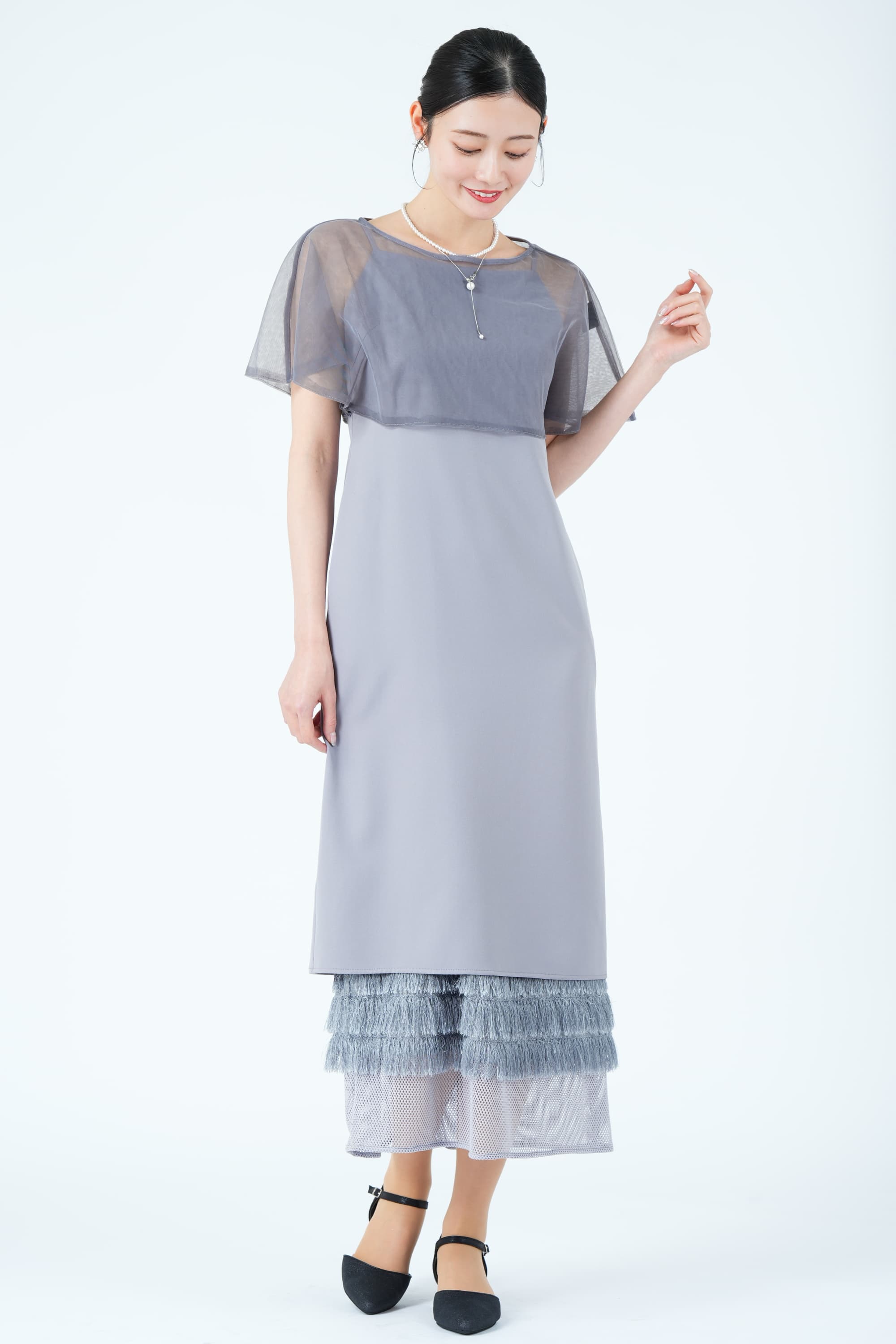 メッシュレース&times;シャギーレイヤード裾ブルーグレードレス