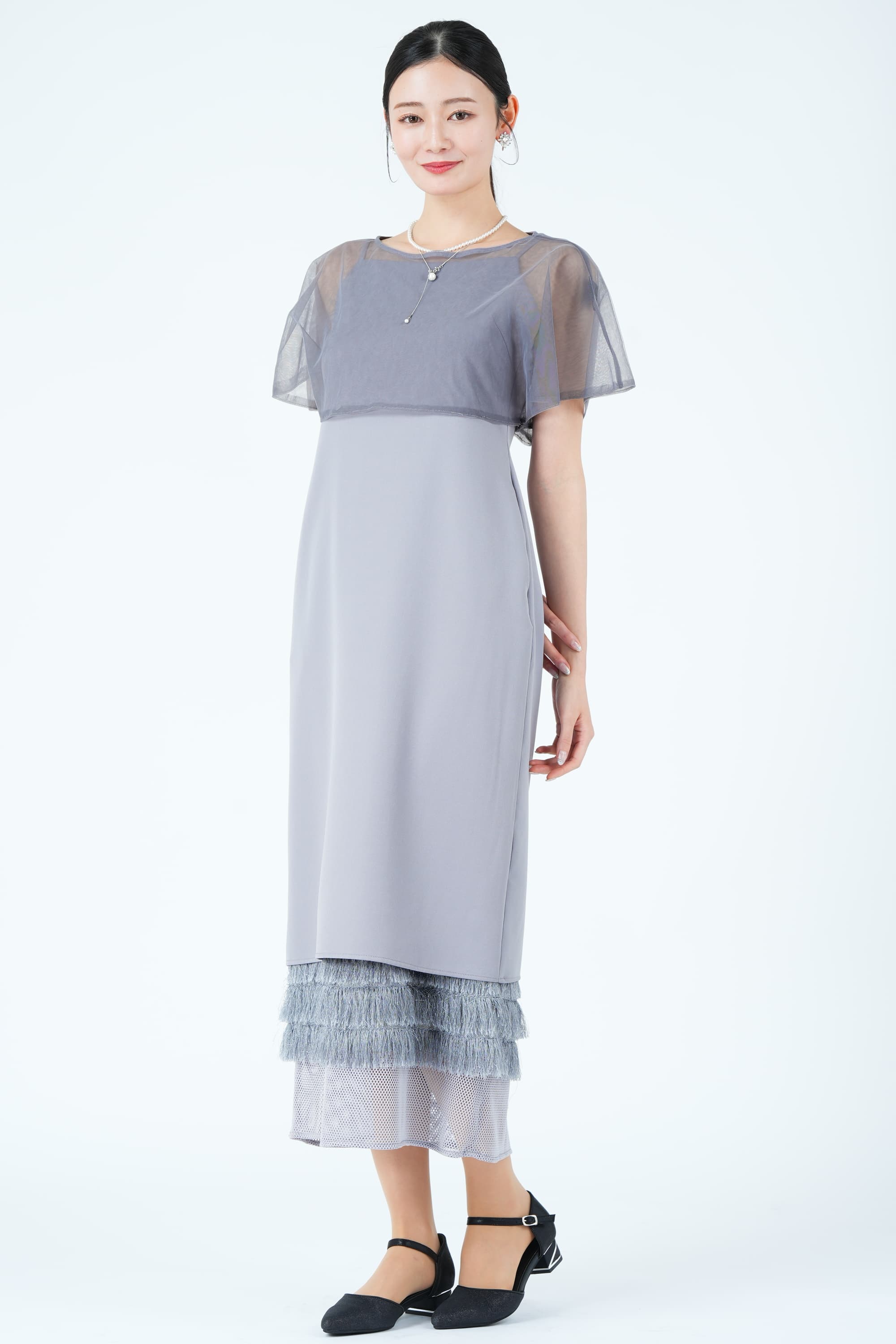 メッシュレース&times;シャギーレイヤード裾ブルーグレードレス