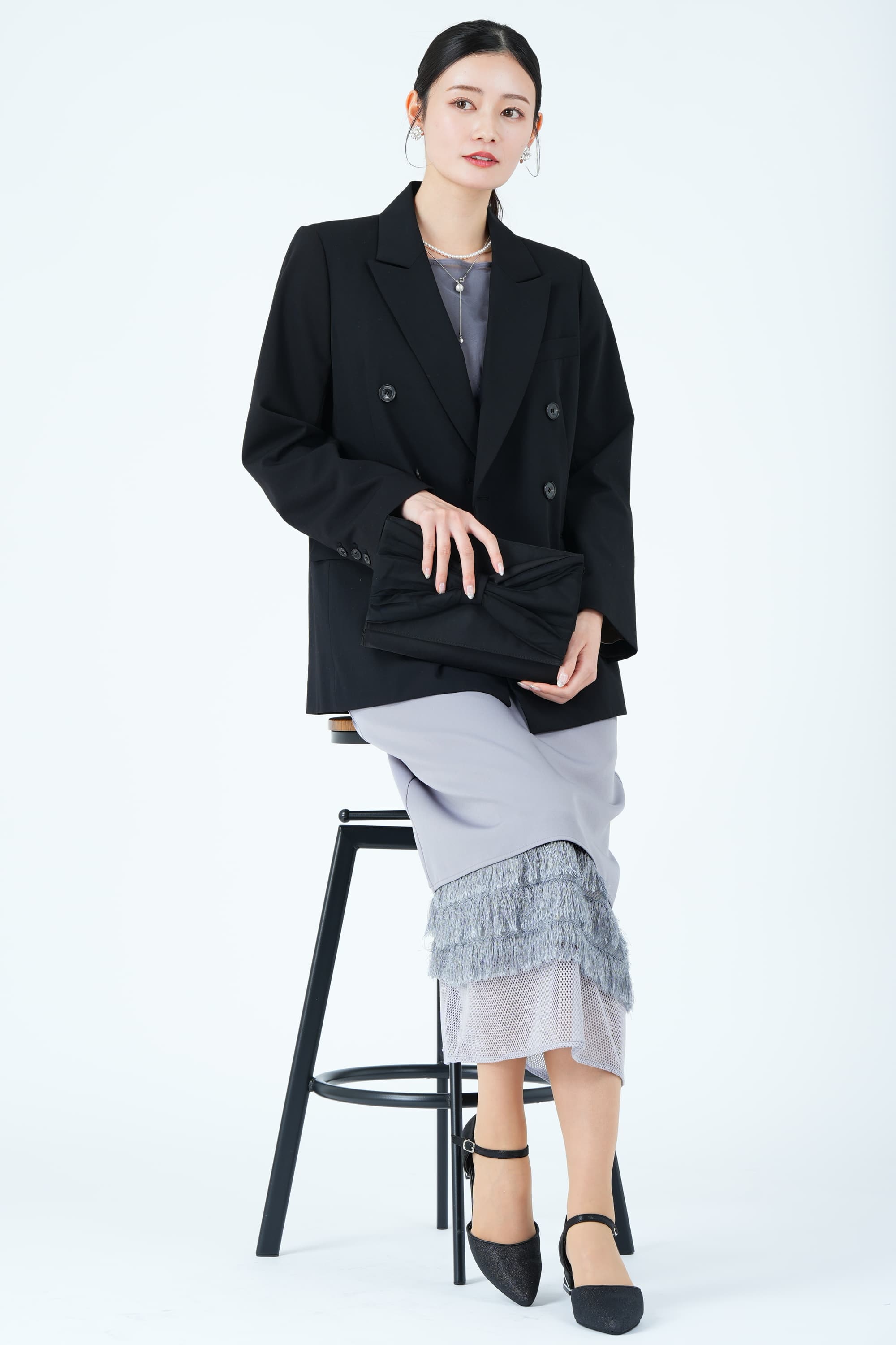 メッシュレース&times;シャギーレイヤード裾ブルーグレードレス