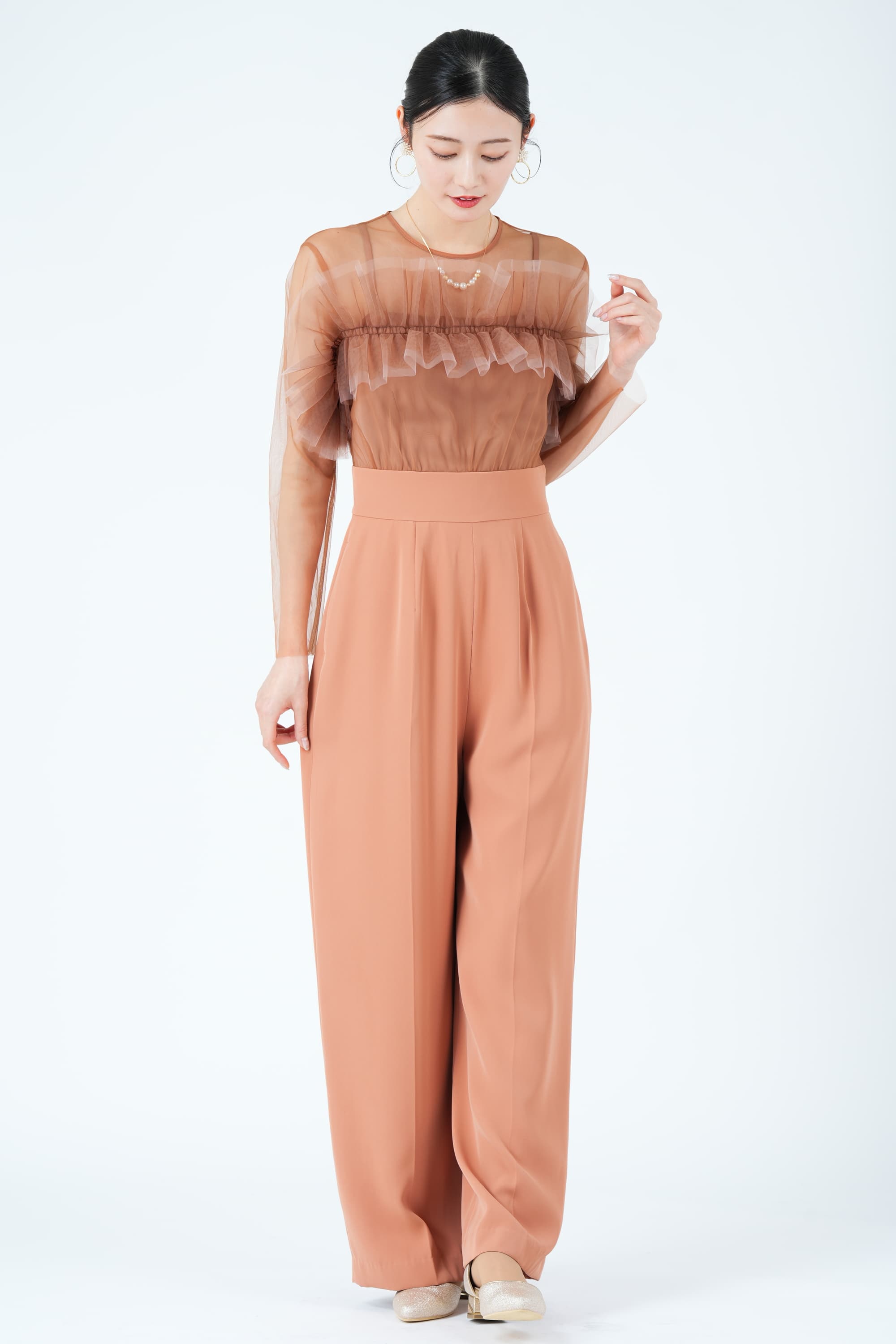 フリルオフショルオレンジパンツドレス