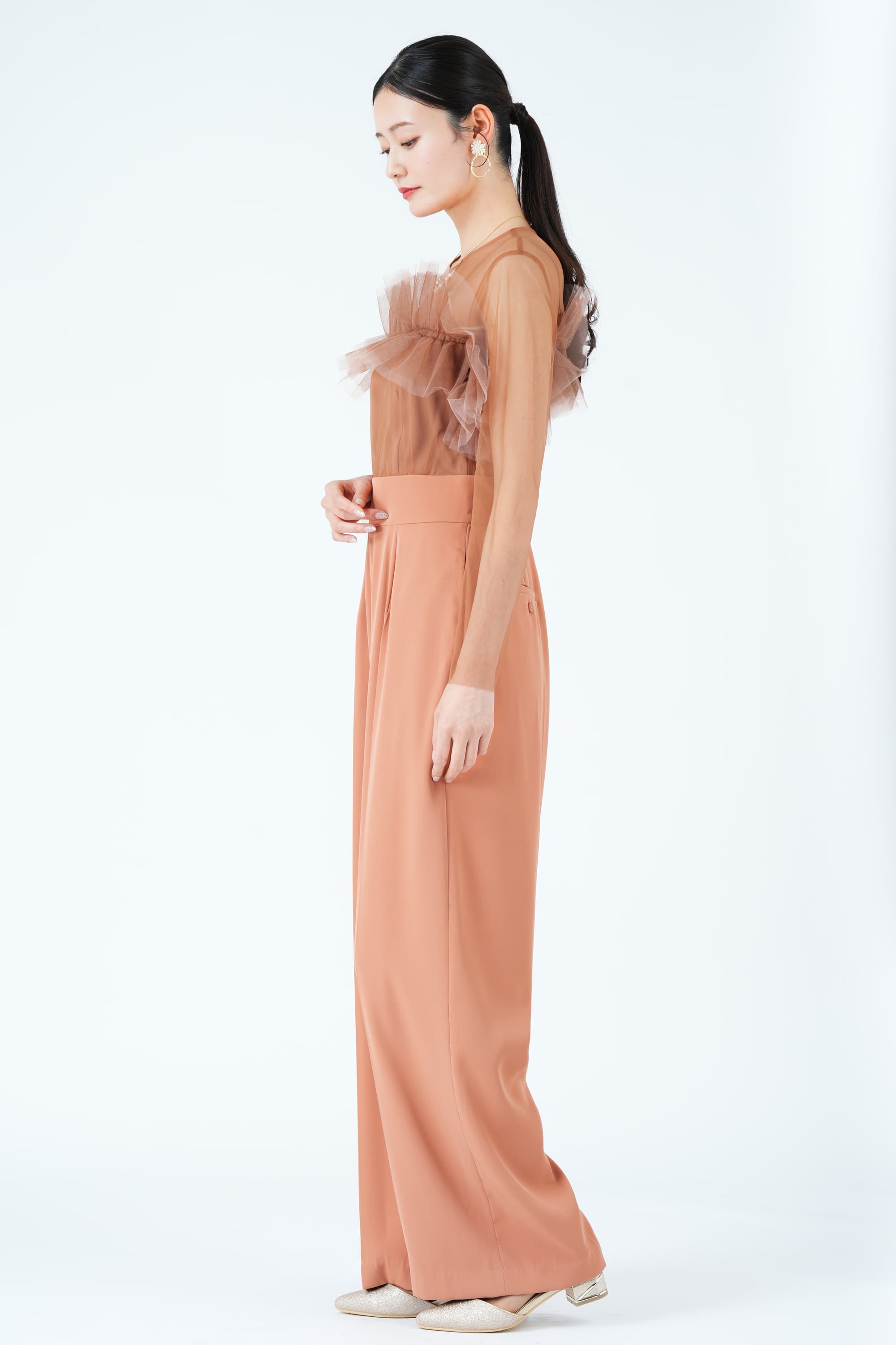 フリルオフショルオレンジパンツドレス