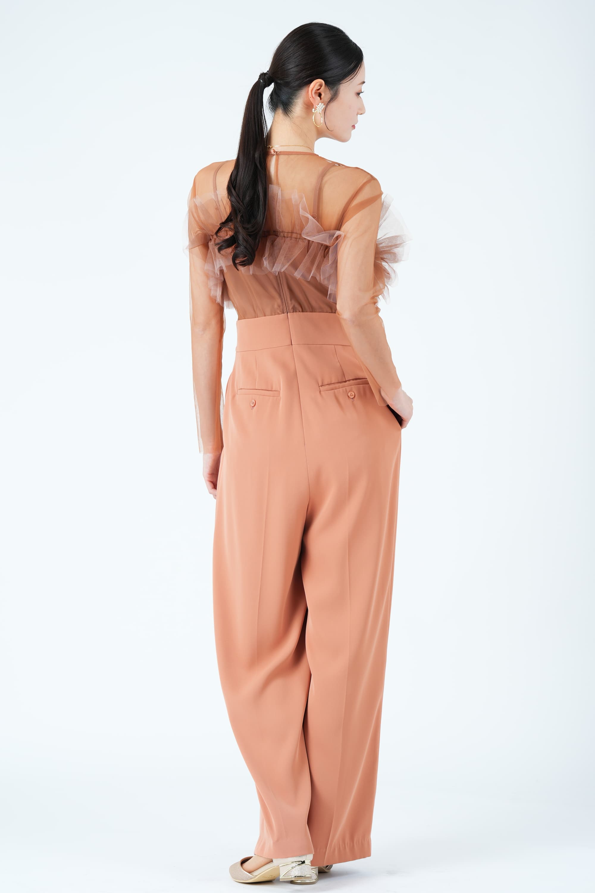 フリルオフショルオレンジパンツドレス