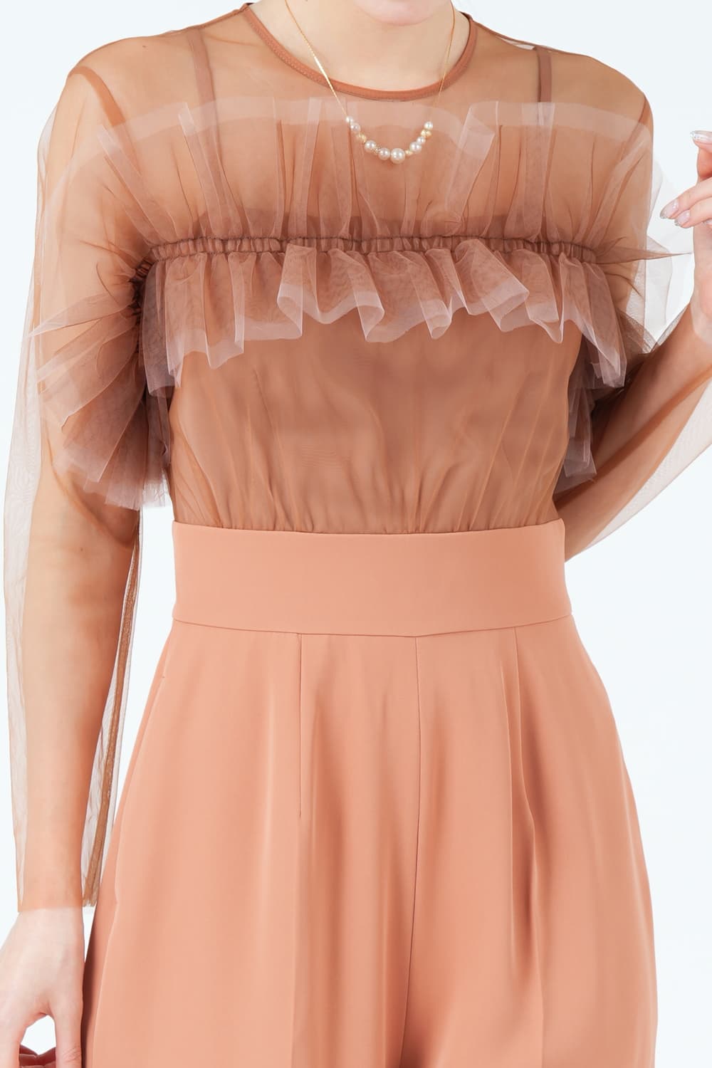 フリルオフショルオレンジパンツドレス