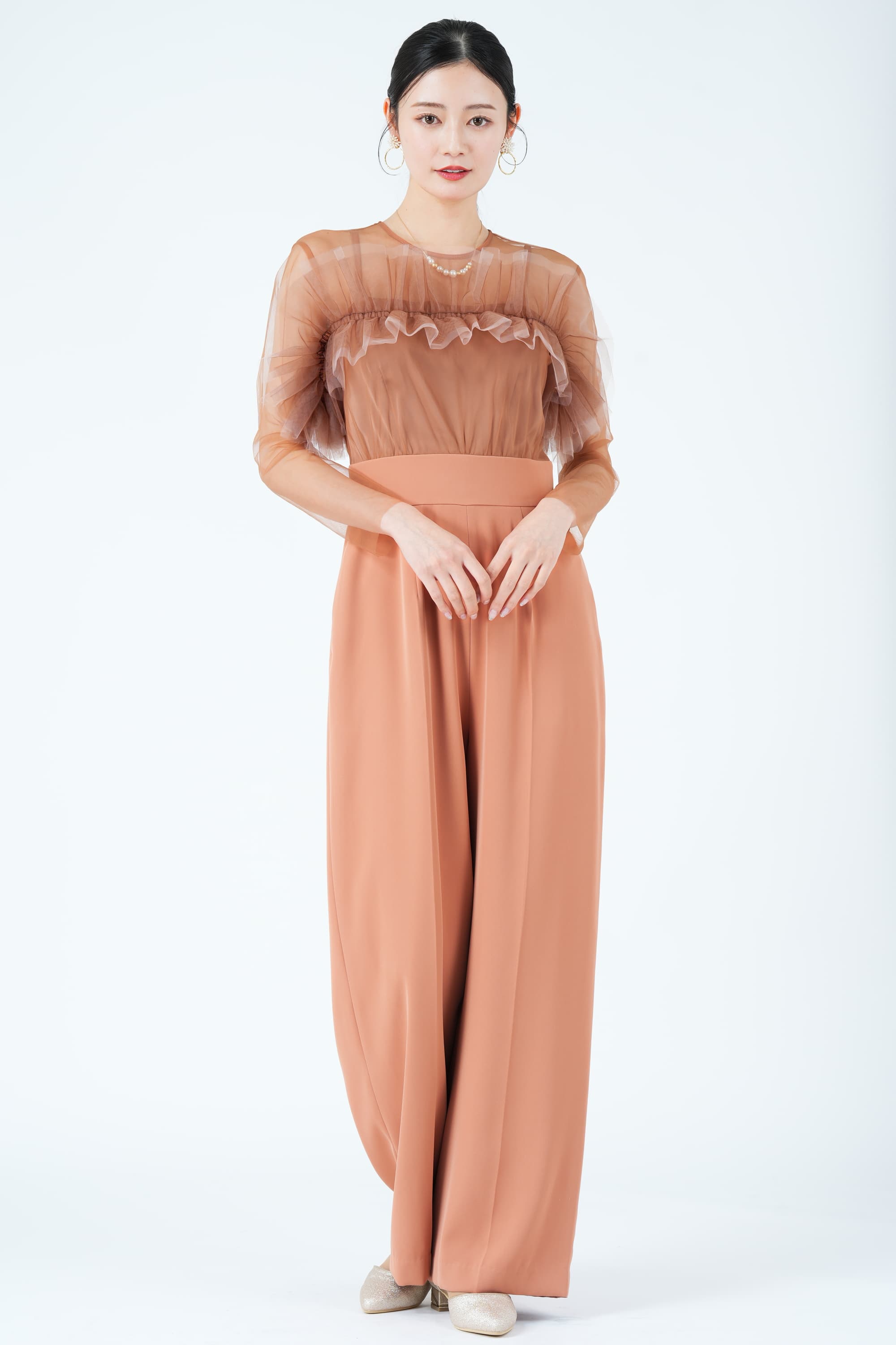 フリルオフショルオレンジパンツドレス