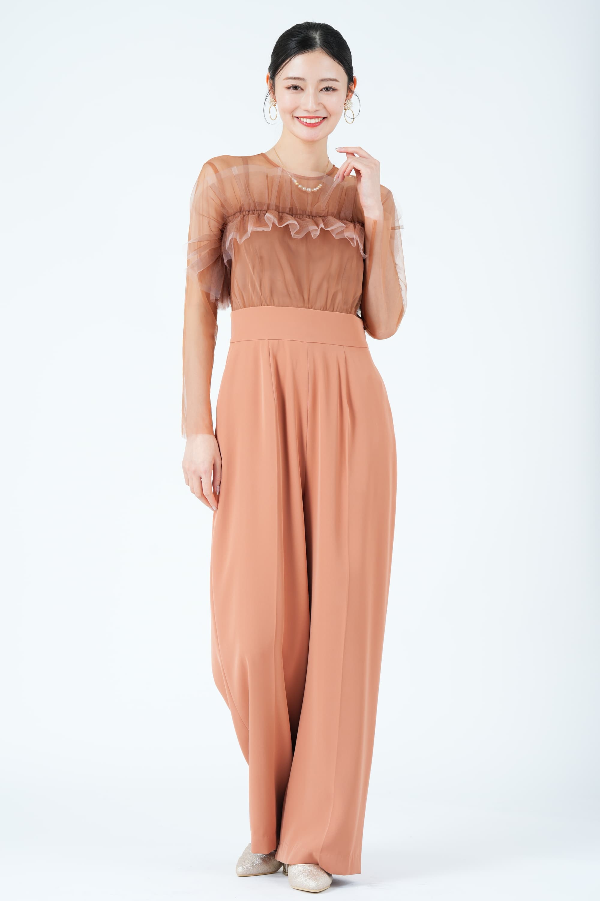 フリルオフショルオレンジパンツドレス