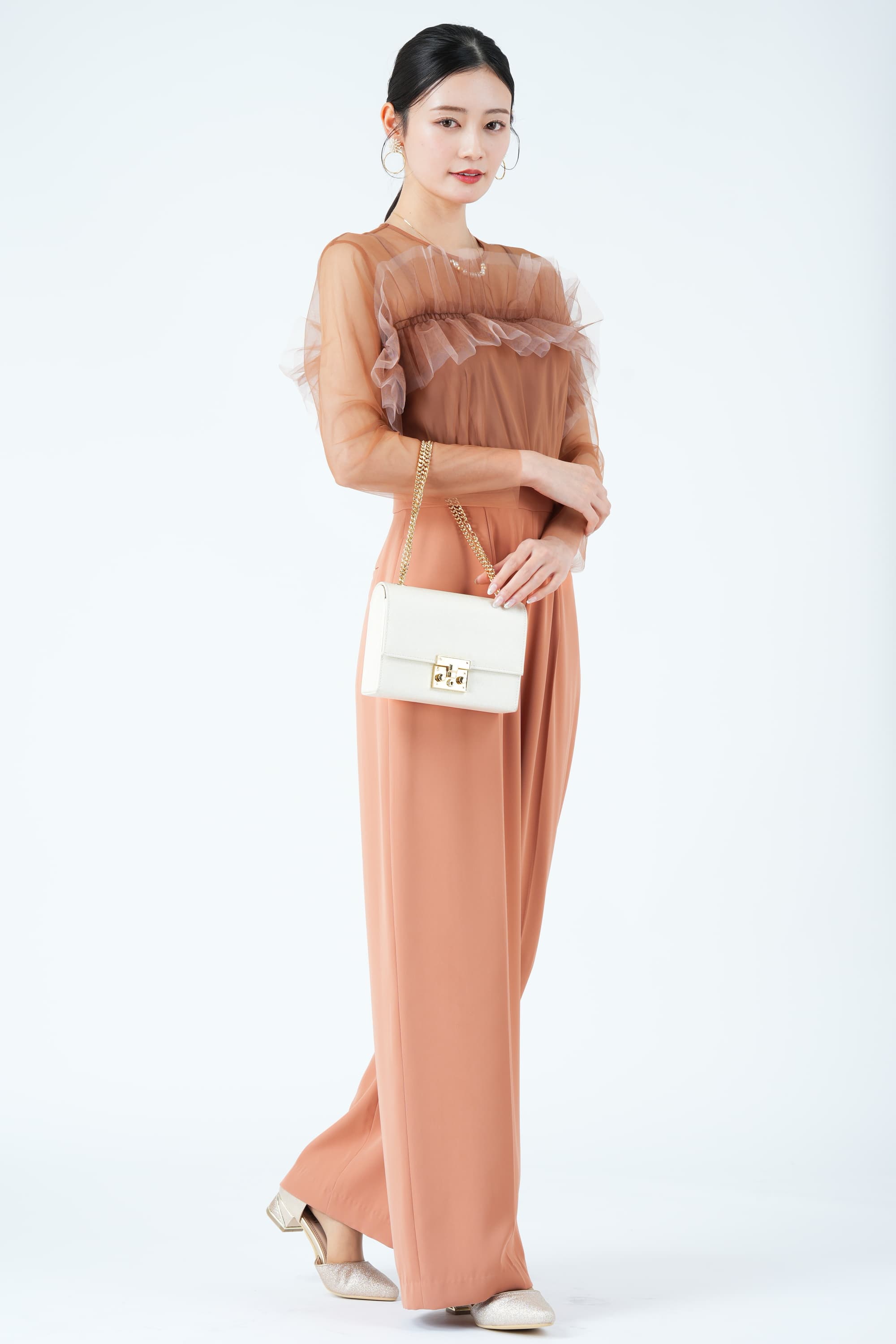 フリルオフショルオレンジパンツドレス