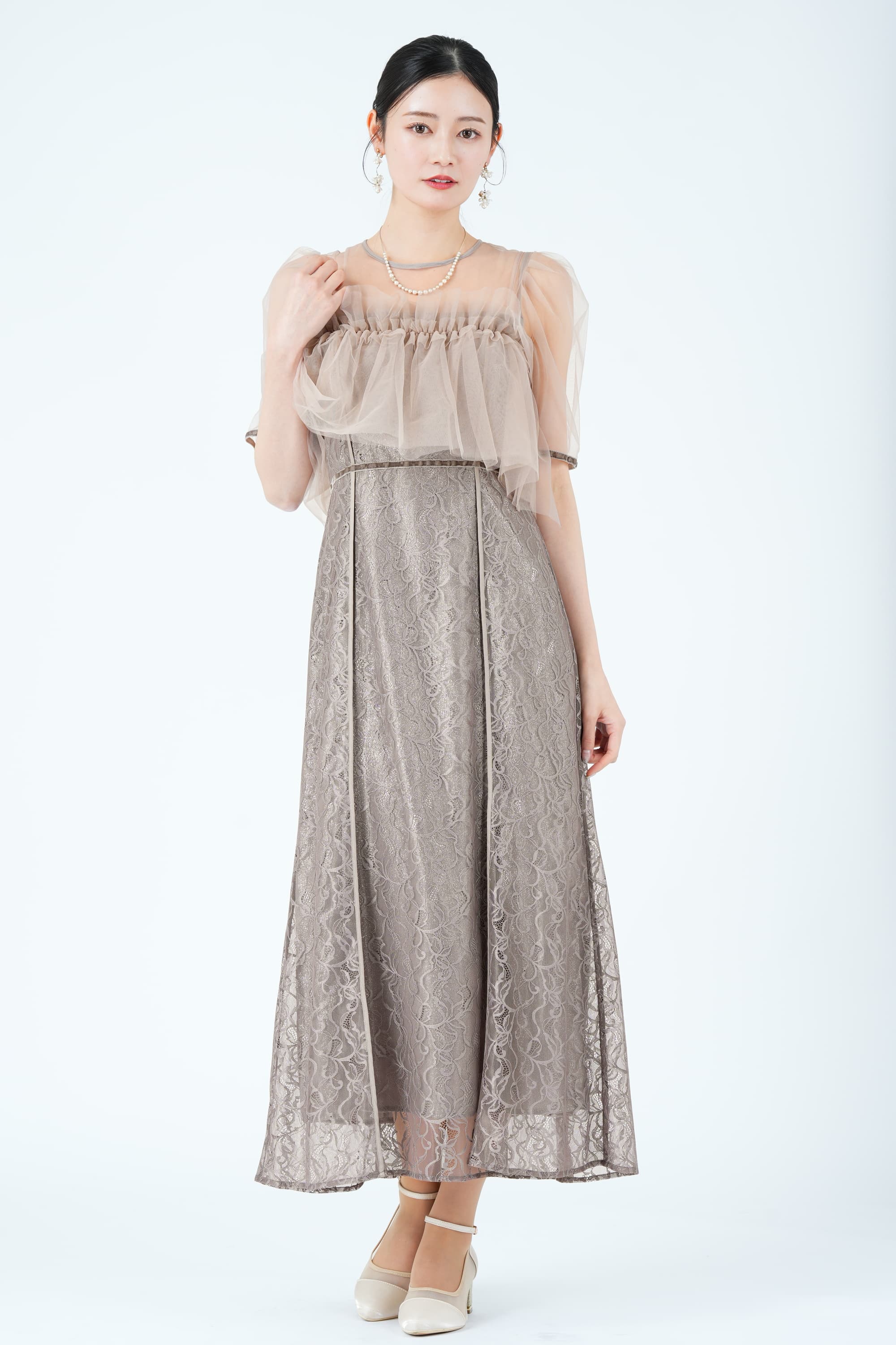 シルバー箔レイヤードエンブロイダリーくすみピンクドレス