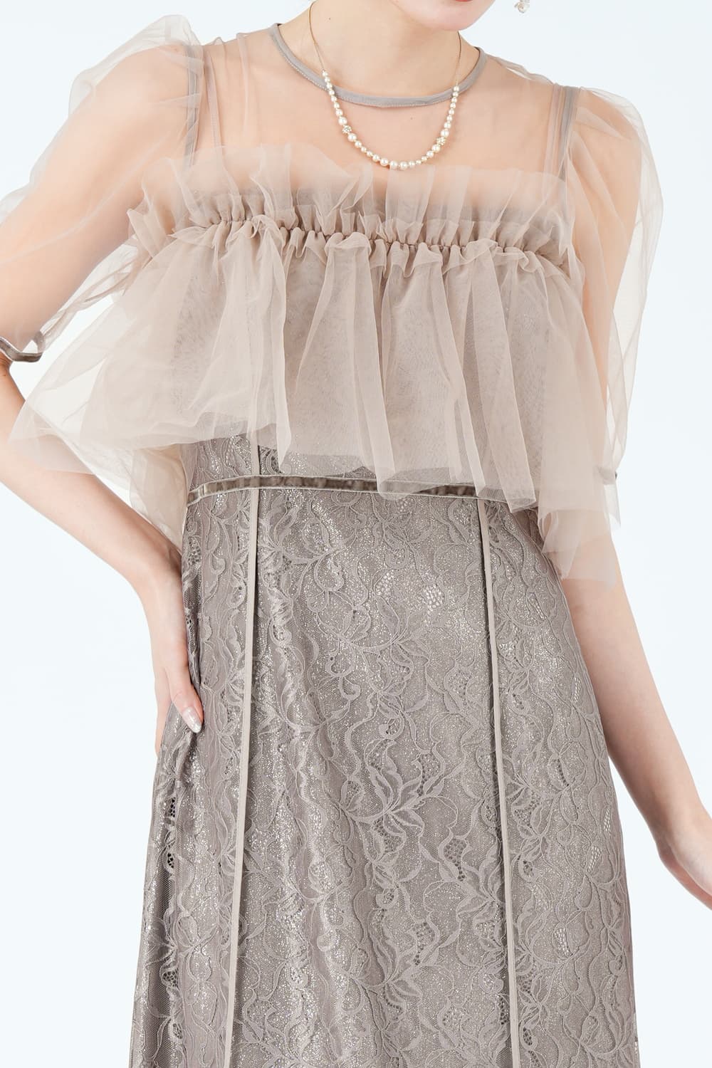シルバー箔レイヤードエンブロイダリーくすみピンクドレス