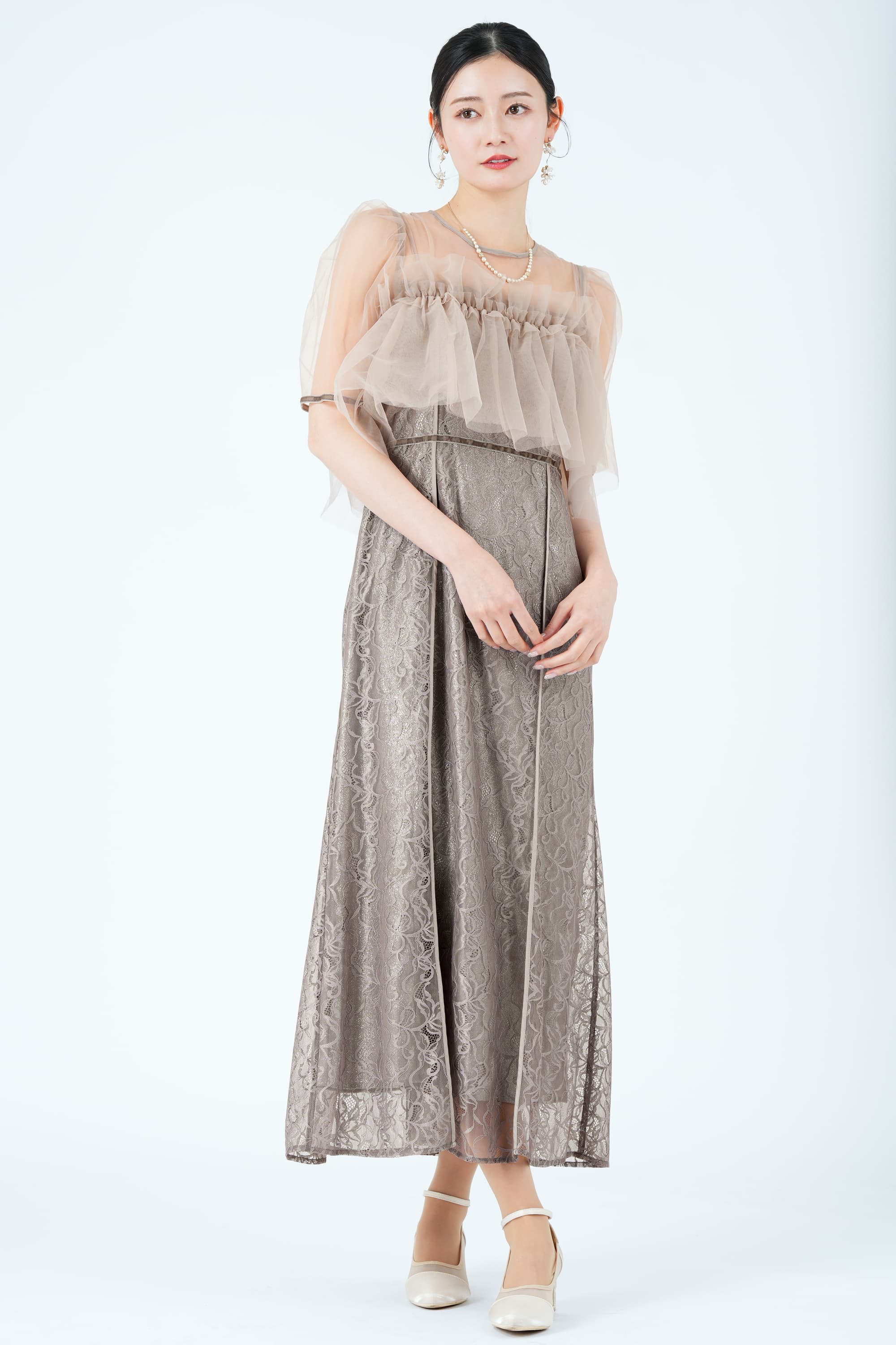 シルバー箔レイヤードエンブロイダリーくすみピンクドレス