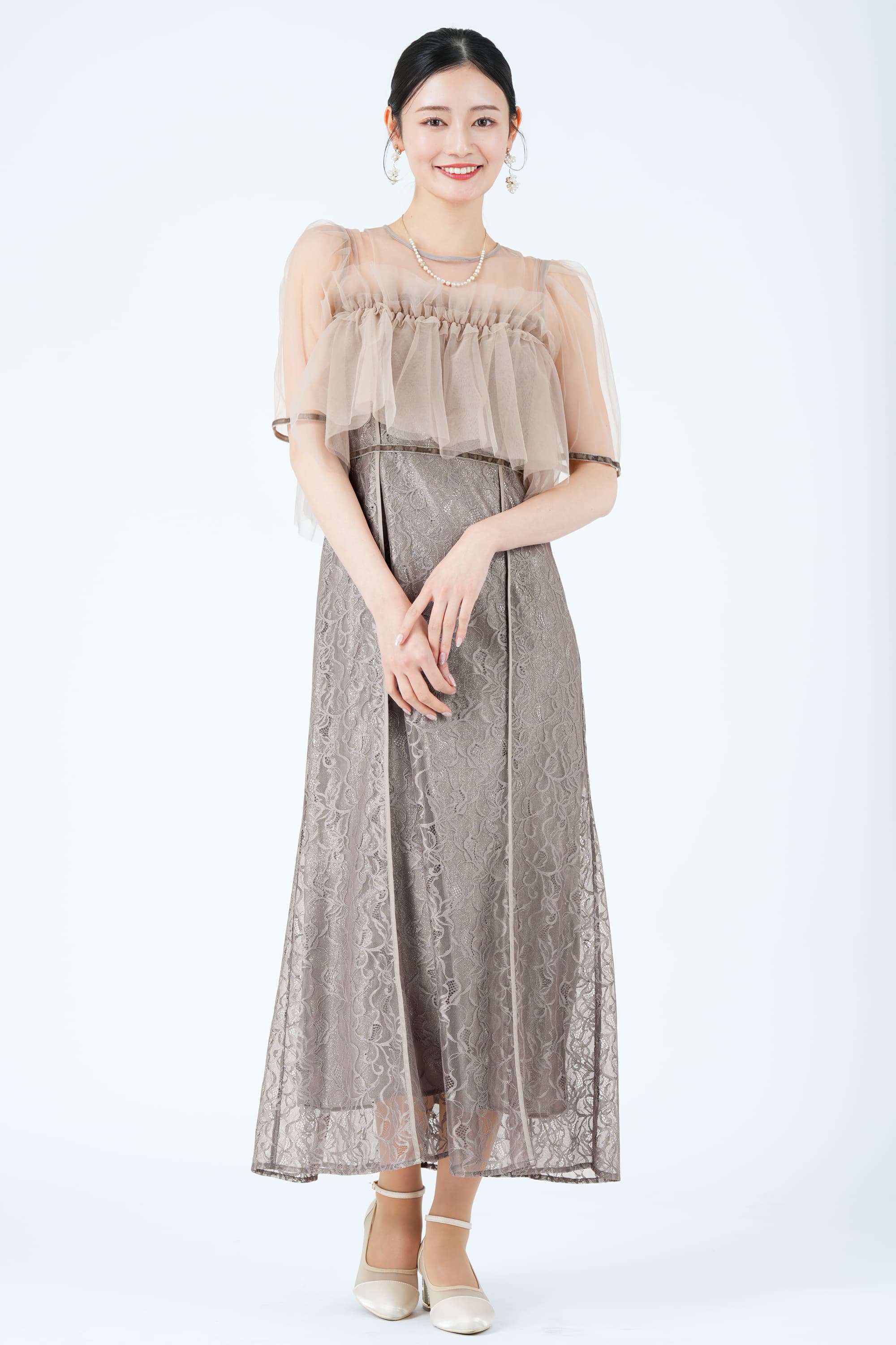 シルバー箔レイヤードエンブロイダリーくすみピンクドレス