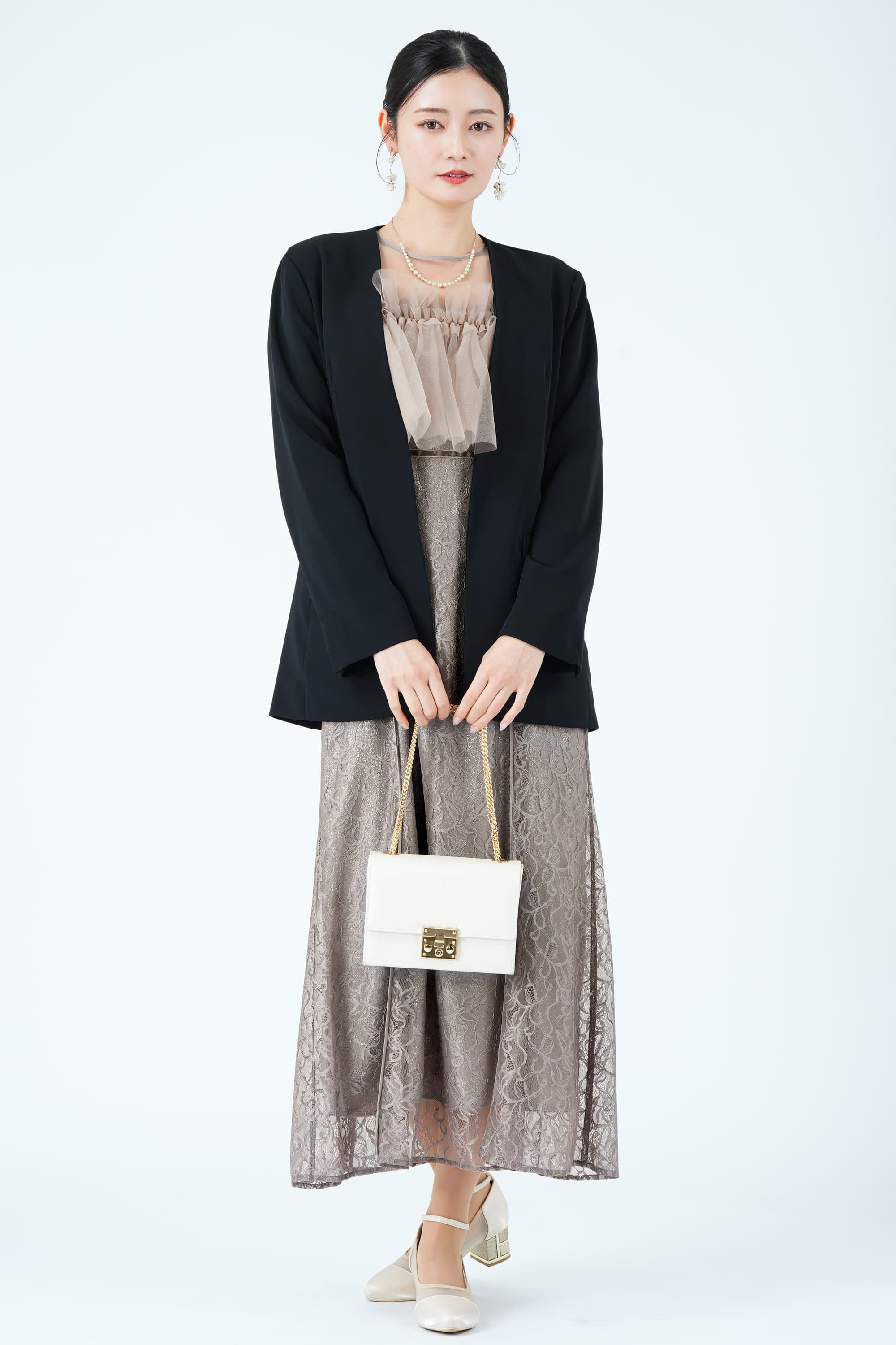 シルバー箔レイヤードエンブロイダリーくすみピンクドレス