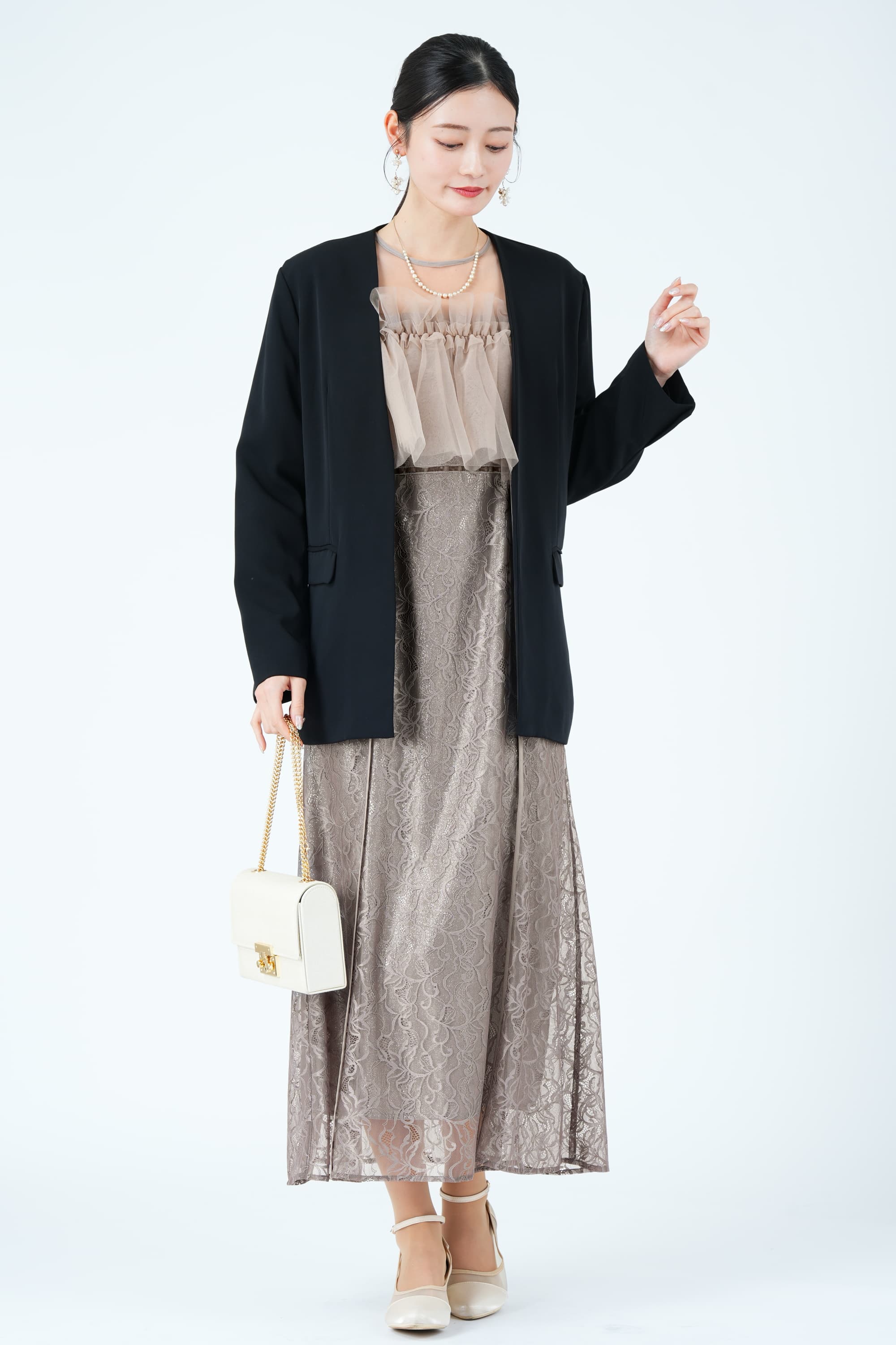 FRAY.I.D シルバー箔レイヤードエンブロイダリー　結婚式　ドレス FRAY I.D シルバー箔レイヤードエンブロイダリーくすみピンクドレス (M